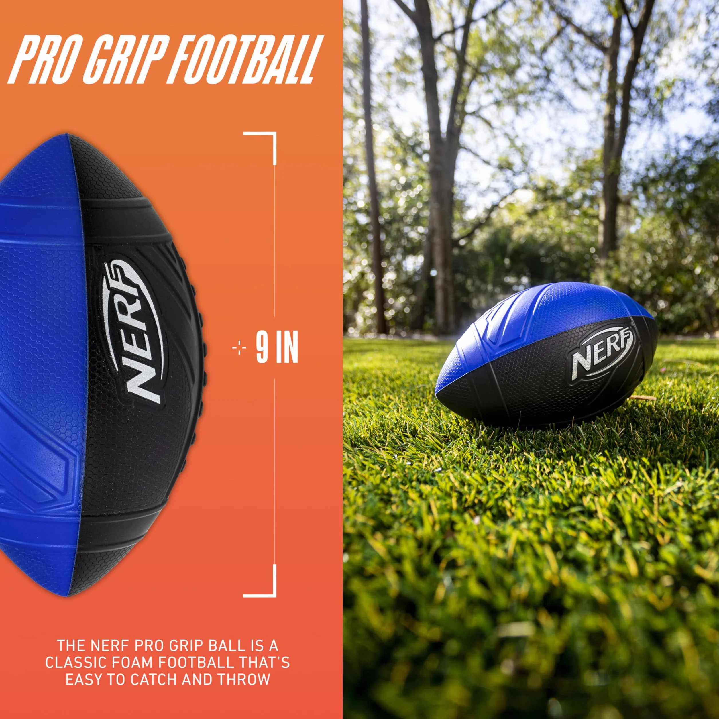 Nerf Pro Grip piłka nożna, klasyczna piłka piankowa, łatwa do złapania i rzucania, idealna do zabawy wewnątrz i na zewnątrz, niebieska