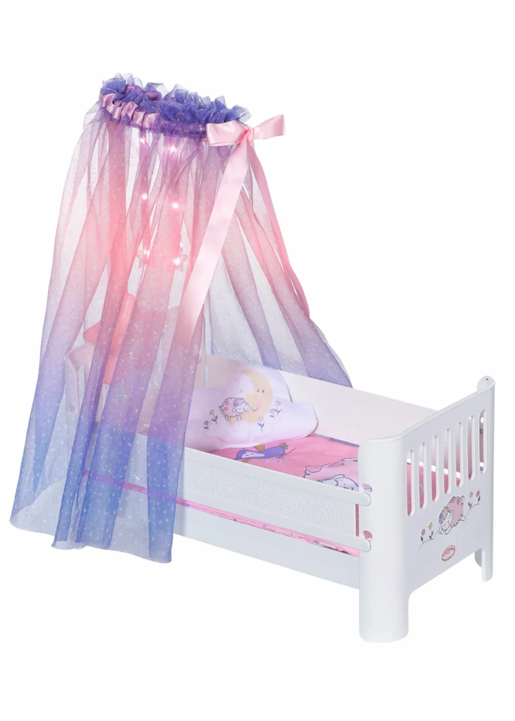 Baby Annabell, Łóżko dla lalek białe, Baby Annabell Sweet Dreams łóżko dla lalek z baldachimem, świecące gwiazdy, kołysanka, materac, koc i poduszka, 710302, Zapf Creation, małe
