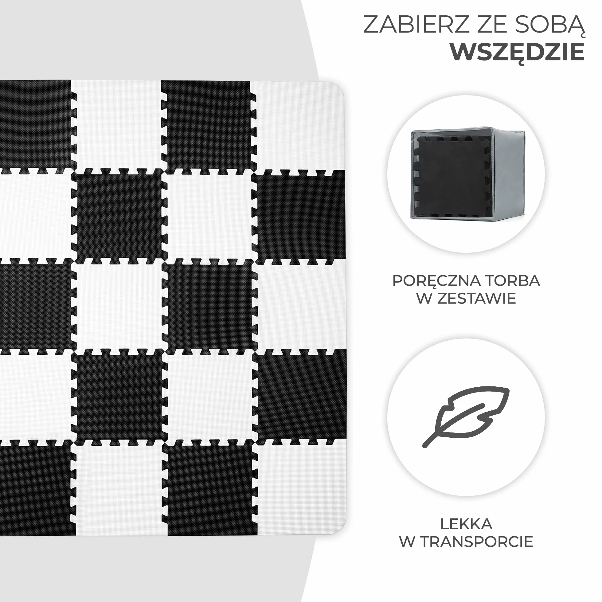 Kinderkraft Mata piankowa LUNO, Wielofunkcyjna, Puzzle 30 elementów, Wodoodporna, Izolacja od podłogi, Antypoślizgowa powierzchnia, Łatwe czyszczenie, Torba do transportu w zestawie, Czarno Biały