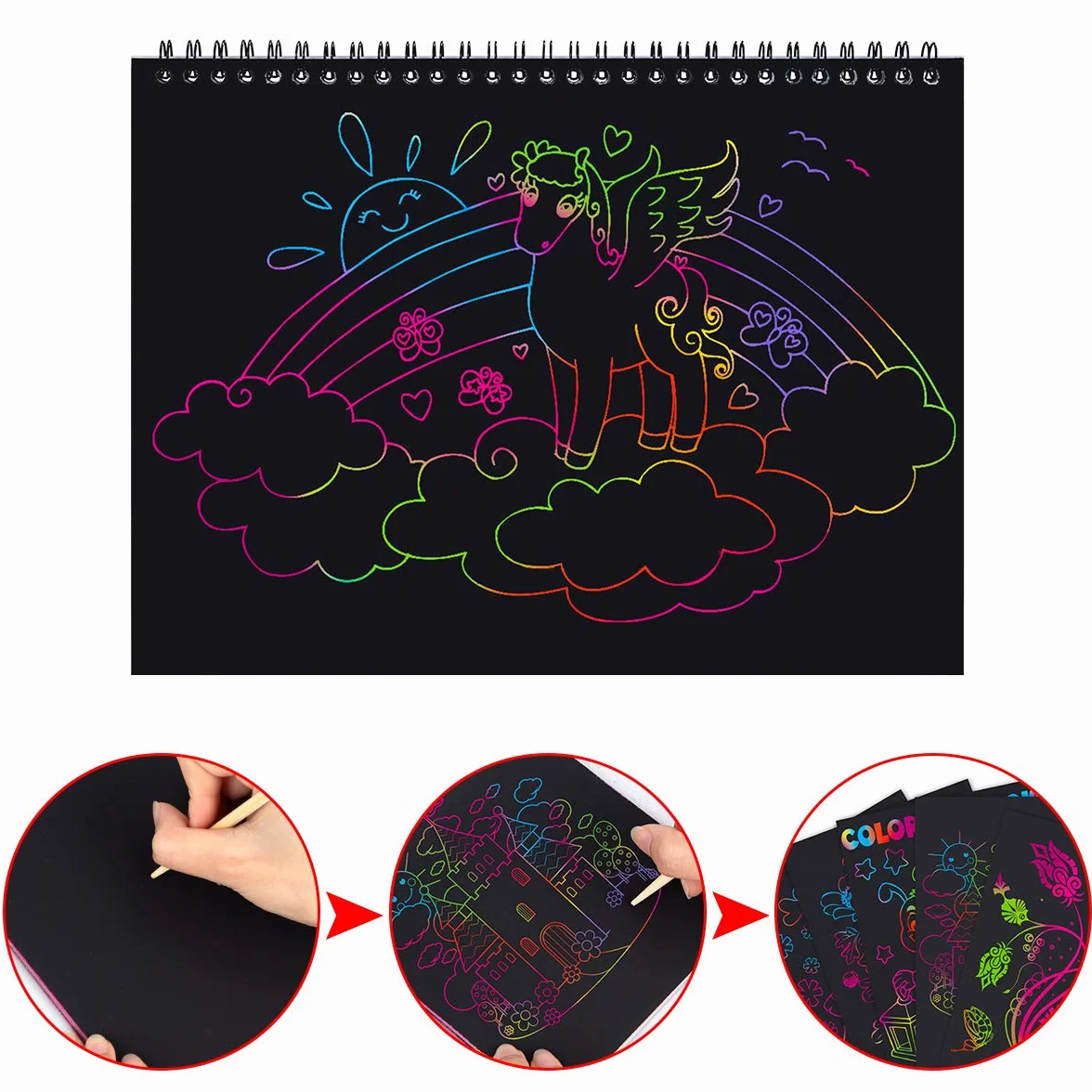 MELLIEX Scratch Art Notes per Bambini, Set di 3 Blocchi da Disegno Arcobaleno con 6 Penne e 4 Righelli