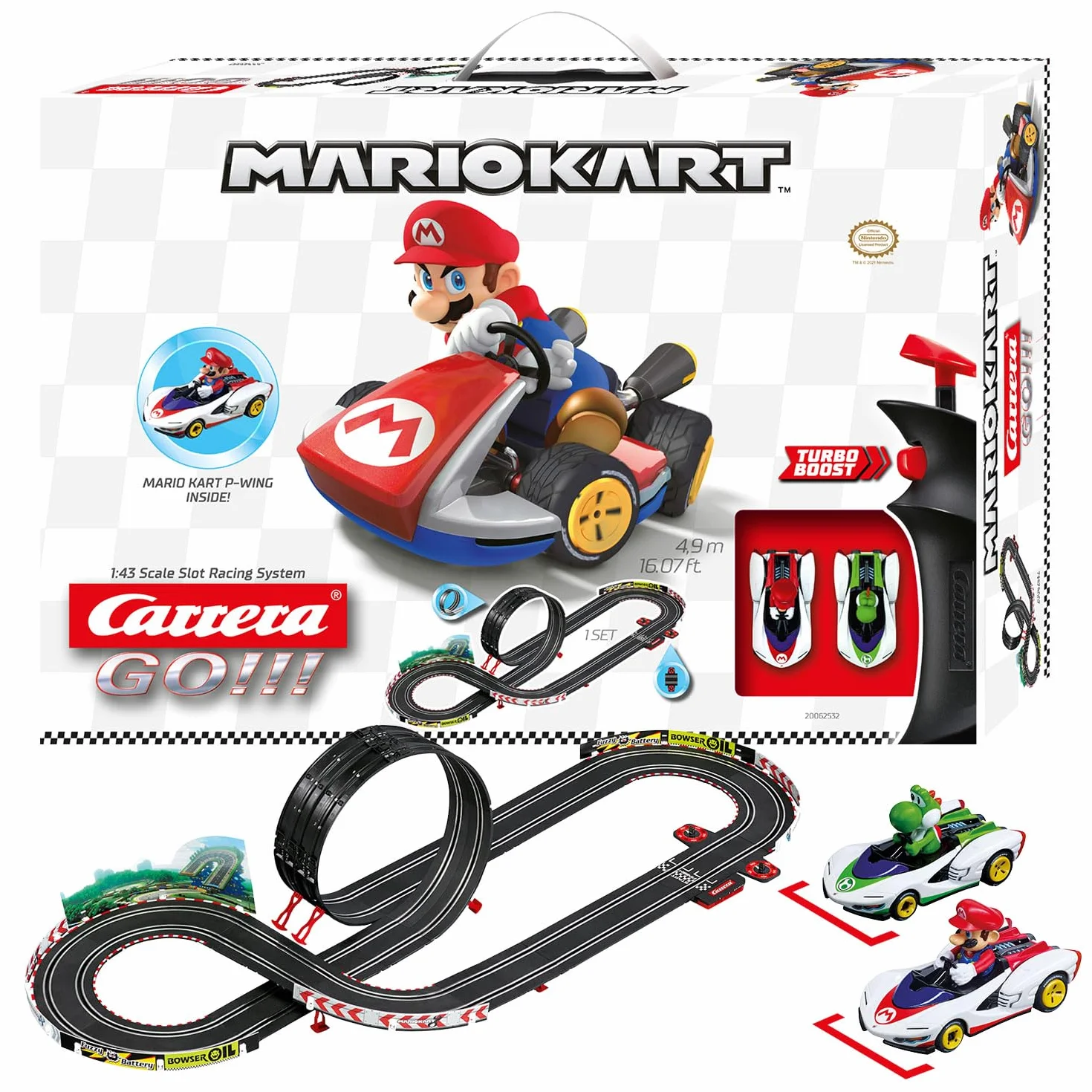 Carrera Go!!! Mario Kart™ - P-Wing zestaw torów wyścigowych z Mario i Yoshi | 2 automaty z 2 regulatorami ręcznymi z przyciskiem turbo | pełen akcji odcinek 4,9 m wraz z loopingiem, licznikiem okrążeń