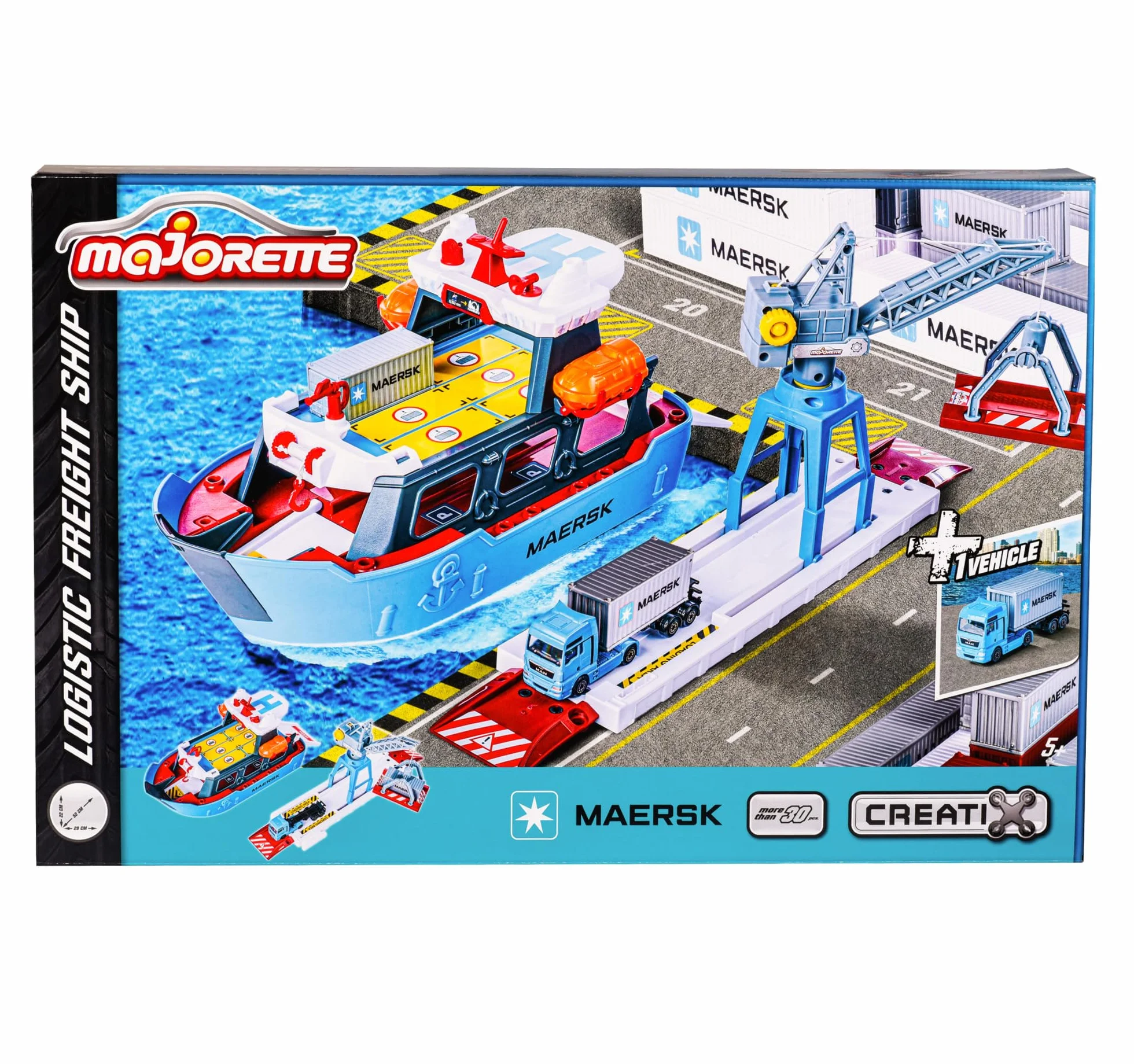 Majorette 212050039 Maersk zestaw łódź 52cm, stacja portowa, ruchomy dźwig z platformą ładunkową, 2 łodzie ratownicze, 1 metalowy pojazd oraz 1 kontener