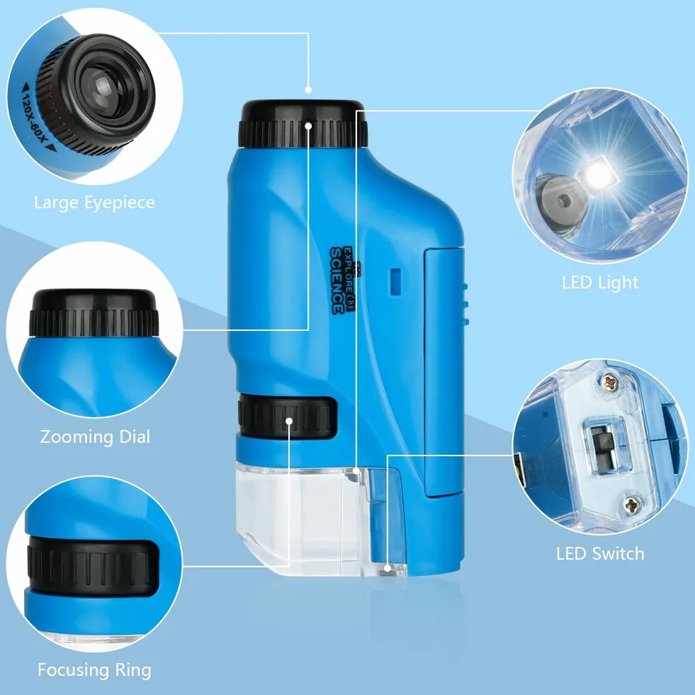 OSDUE Mikroskop Kieszonkowy dla Dzieci, Przenośny 60x-120x Mini Zoom z Podświetleniem LED, Zabawka Edukacyjna, Prezent dla Uczniów i Przedszkolaków