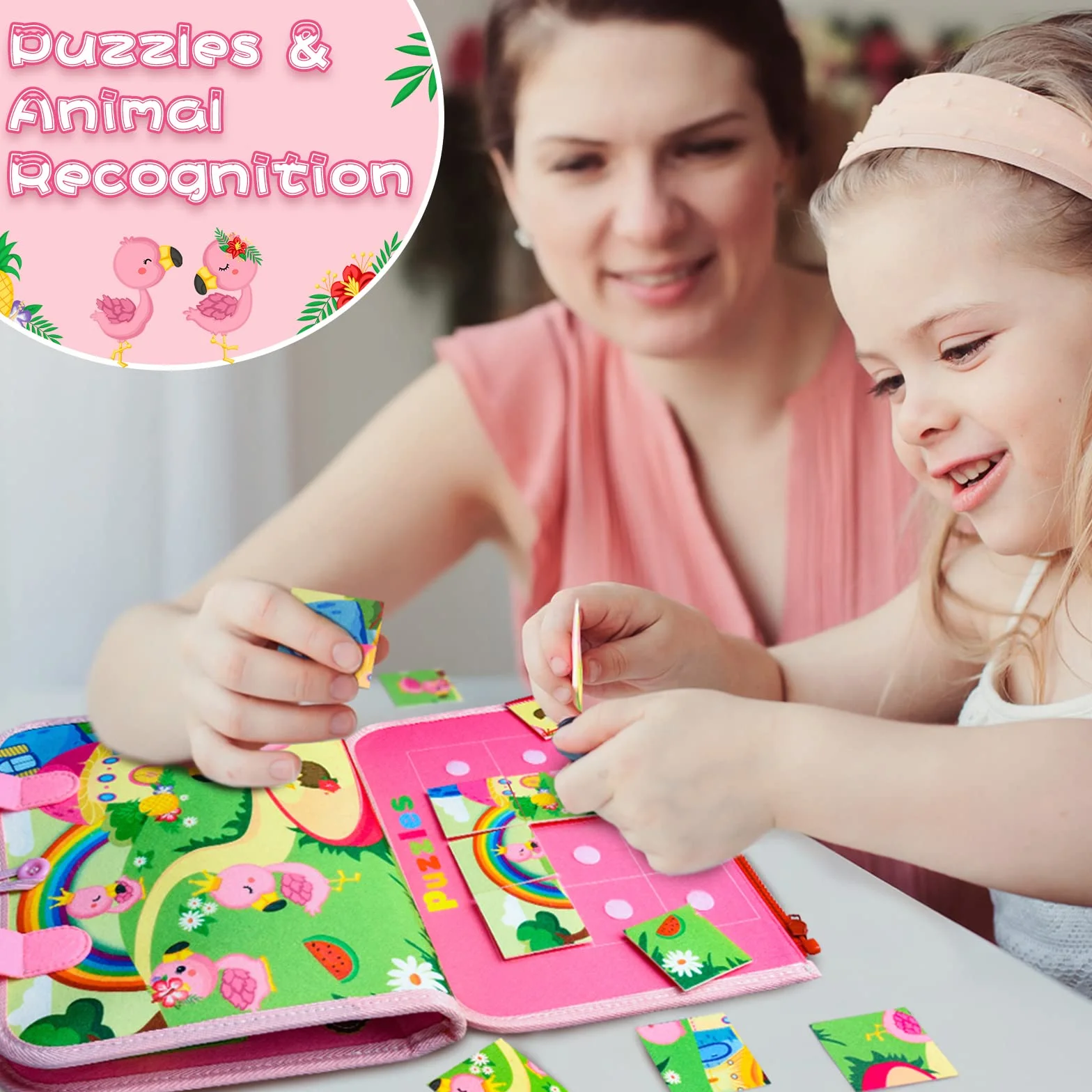 Busy Board Montessori 8 stron, gry Montessori dla dzieci 1, 2, 3 4 lata, różowa zabawka edukacyjna dla dzieci, tablica sensoryczna Montessori, tablica aktywnościowa z puzzlami