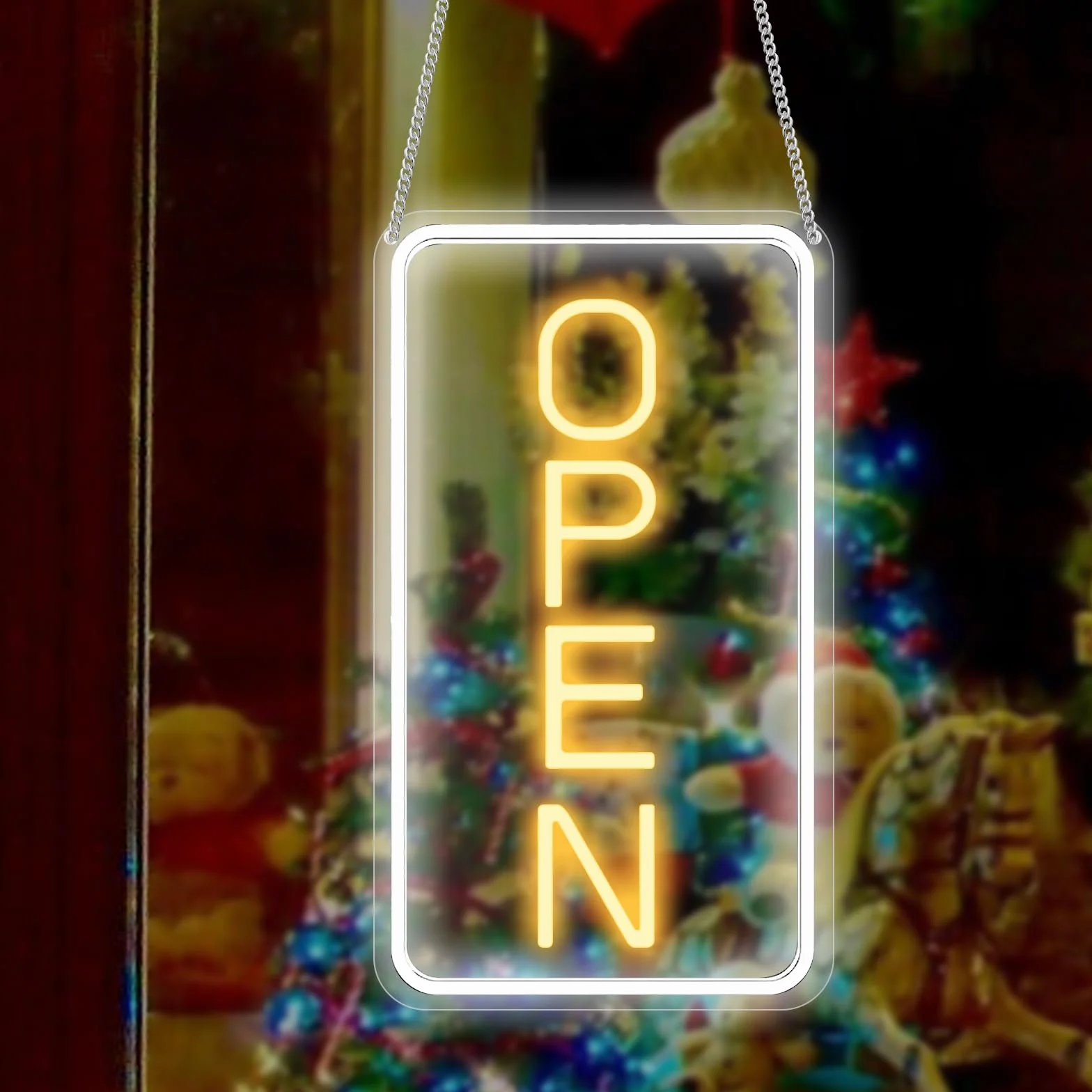 Open Neonowy szyld LED z adapterem wł./wył. 12 V, regulowana jasność, otwarta tabliczka do sklepu, baru, salonu, sklepu i kawiarni, żółto-biała, szyld reklamowy LED, neonowy znak, 18 x 38 cm, pionowa