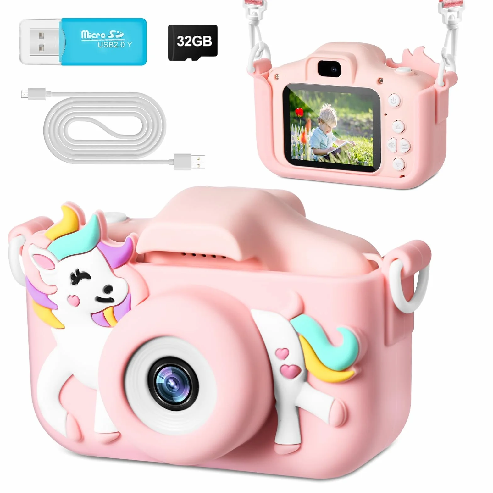 Aparat dla Dzieci z Ekranem 2,0 cala o Rozdzielczości 1080p, Wyposażony w Kartę SD o Pojemności 32 GB – Cyfrowy aparat do Selfie dla Chłopców i Dziewczynek