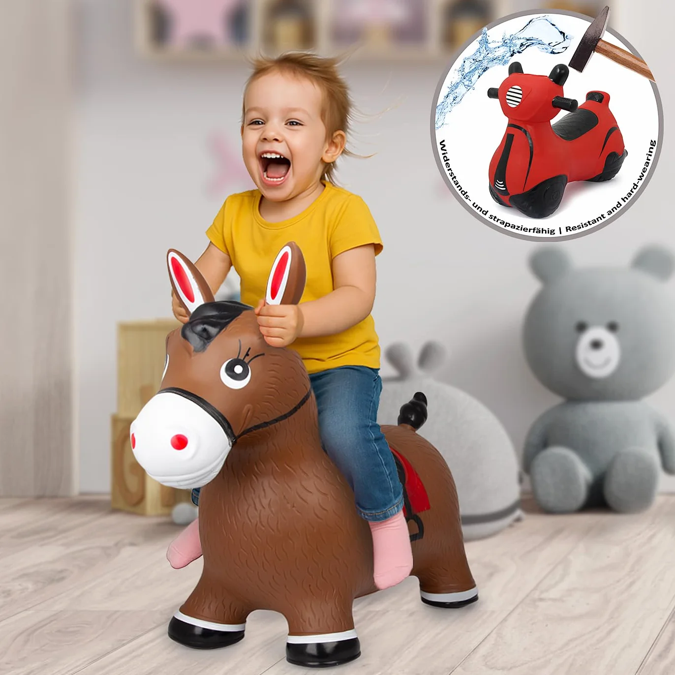 JAMARA 460597 Koń podskakujący z pompką, do 50 kg, wspomaga zmysł równowagi i zdolności motoryczne, wytrzymały i wytrzymały, łatwy w pielęgnacji, brązowy