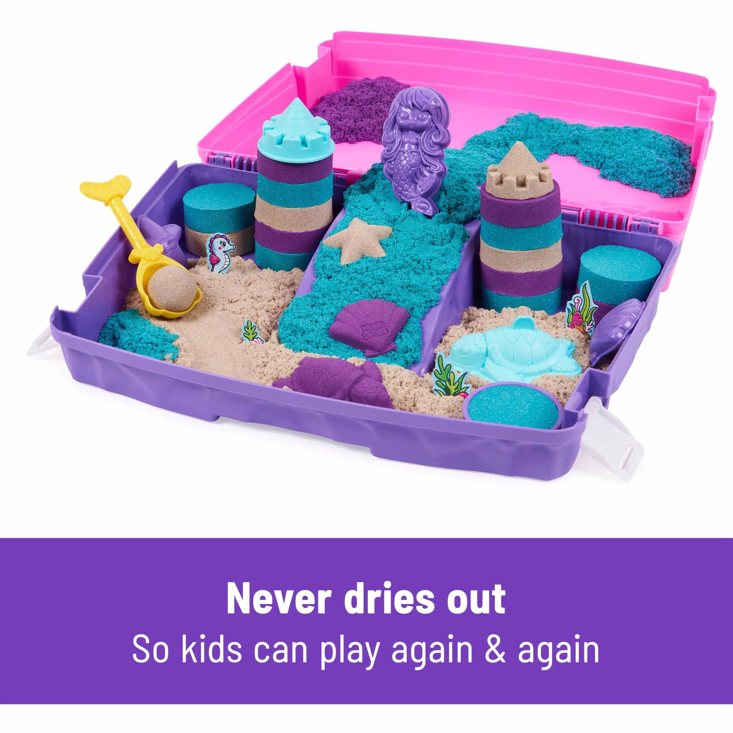 Kinetic Sand, Zestaw do zabawy w pałacu syrenki, 0,9 kg połyskującego piasku do zabawy, składana piaskownica wielokrotnego użytku i narzędzia, zabawki sensoryczne dla dzieci w wieku od 3 lat