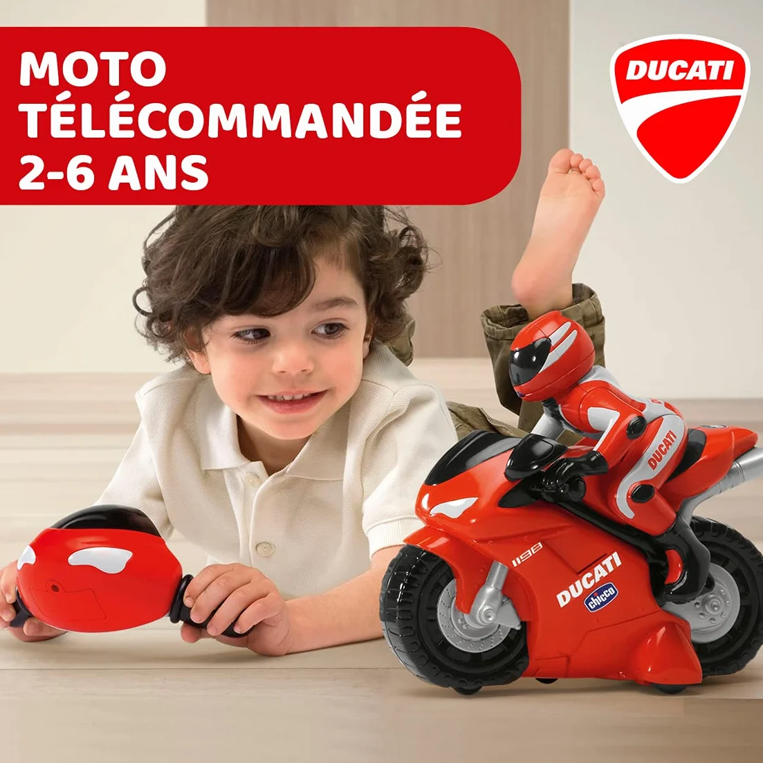 Motocykl Chicco Ducati z Intuicyjnym Sterowaniem Radiowym na Kierownicy, Zdalnie Sterowanym Klaksonem i Dźwiękami Silnika, Prezent dla Chłopca i Dziewczynki powyżej 2 lat, Zabawki dla Dzieci 2-6 lat