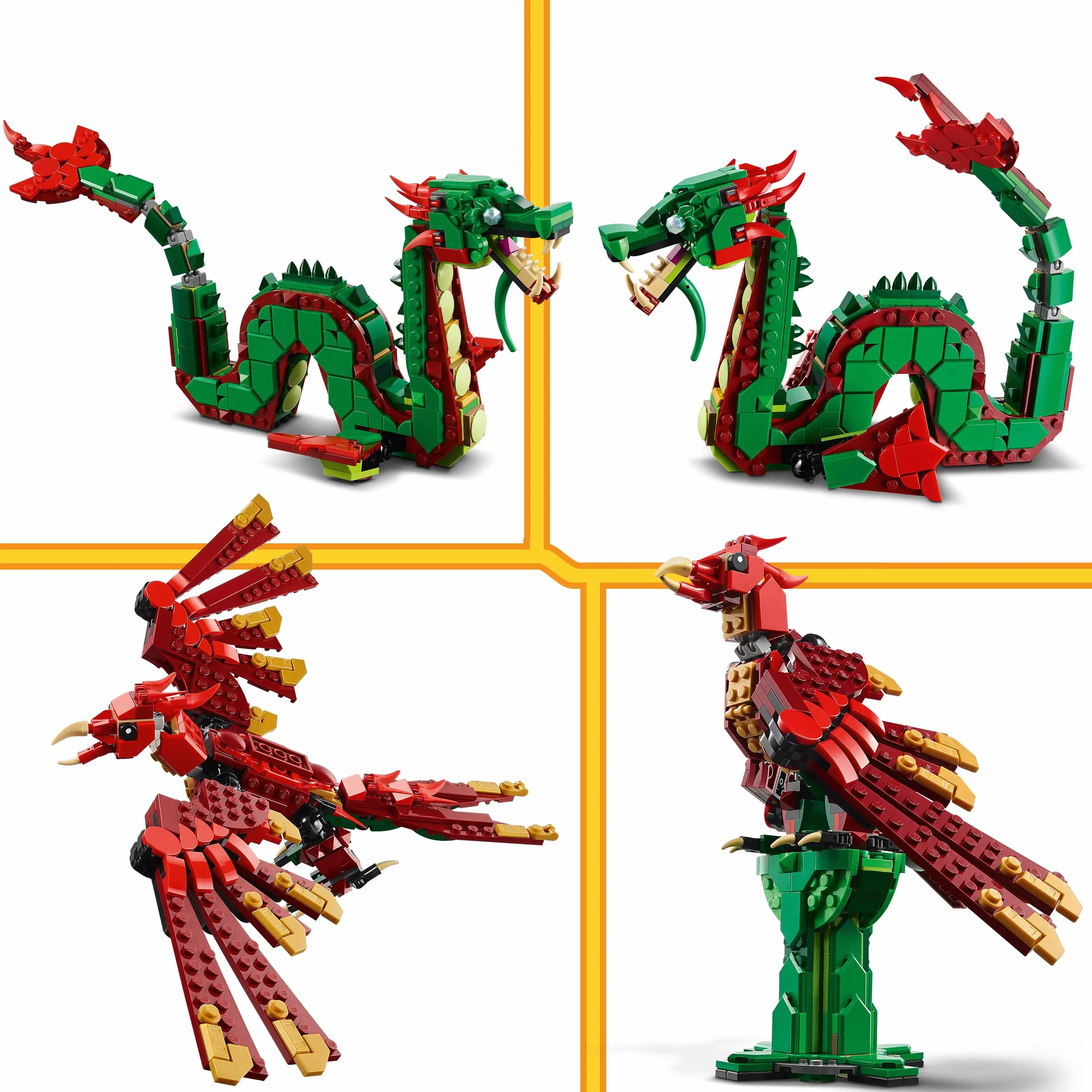 LEGO Creator 3 w 1 Średniowieczny smok, Zabawka Konstrukcyjna dla Dziecka do Przebudowania na Mityczne Stworzenia: Węża Morskiego lub Feniksa, Prezent dla 9-latka, Dziewczynki i Chłopca 31161