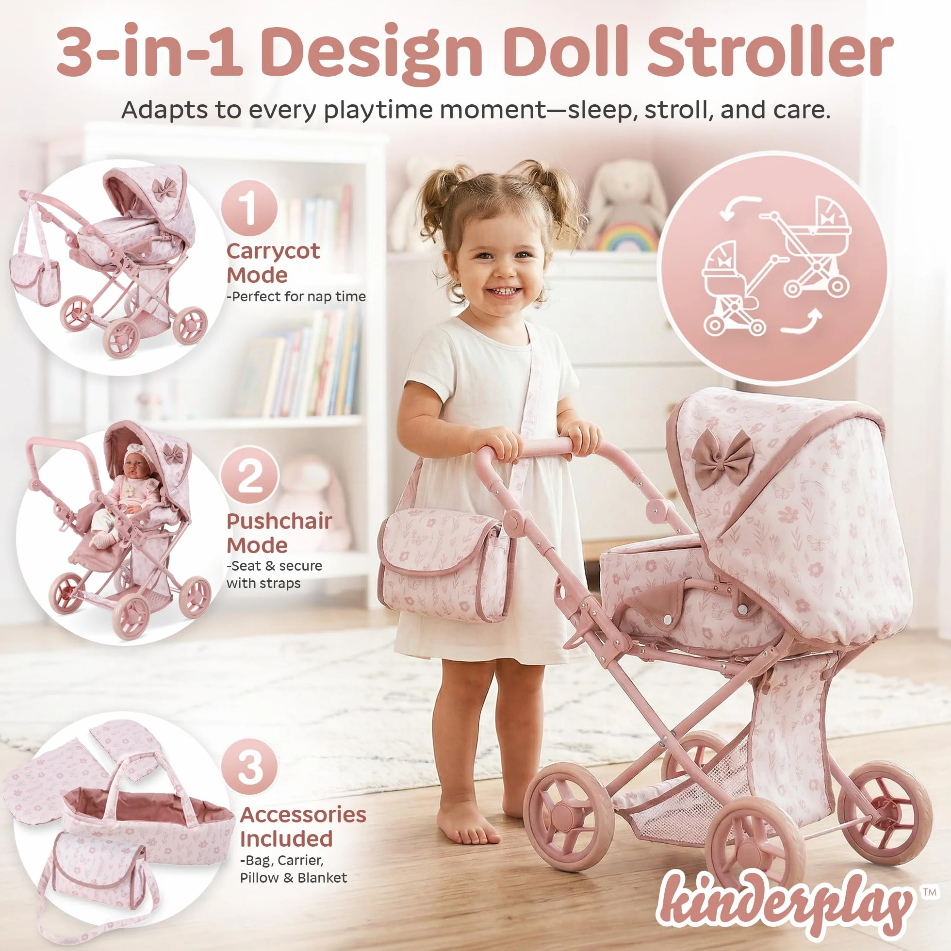 Kinderplay Wózek dla lalek 3 w 1 z torbą do przenoszenia, wózek dla lalek z regulacją wysokości 36,5-64 cm, składany wózek dziecięcy z cichymi kółkami piankowymi, dla lalek do 40 cm, od 3 lat