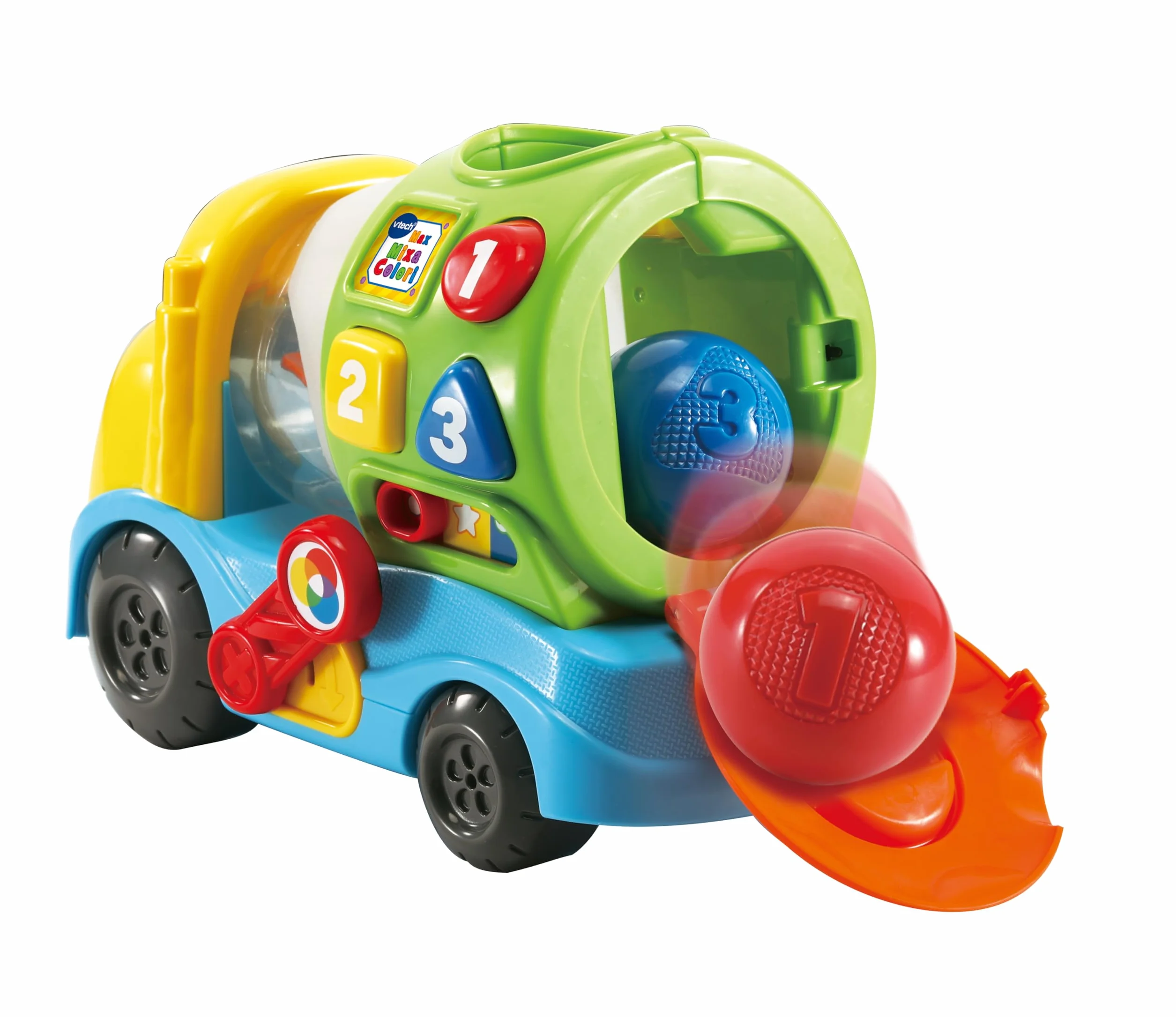 VTech Max Mixa Colori, gadająca ciężarówka, 5 melodii, rozpoznawanie i mieszanie kolorów, 3 tryby gry, regulacja głośności, automatyczne wyłączanie, język włoski, baterie w zestawie, 12-36 miesięcy