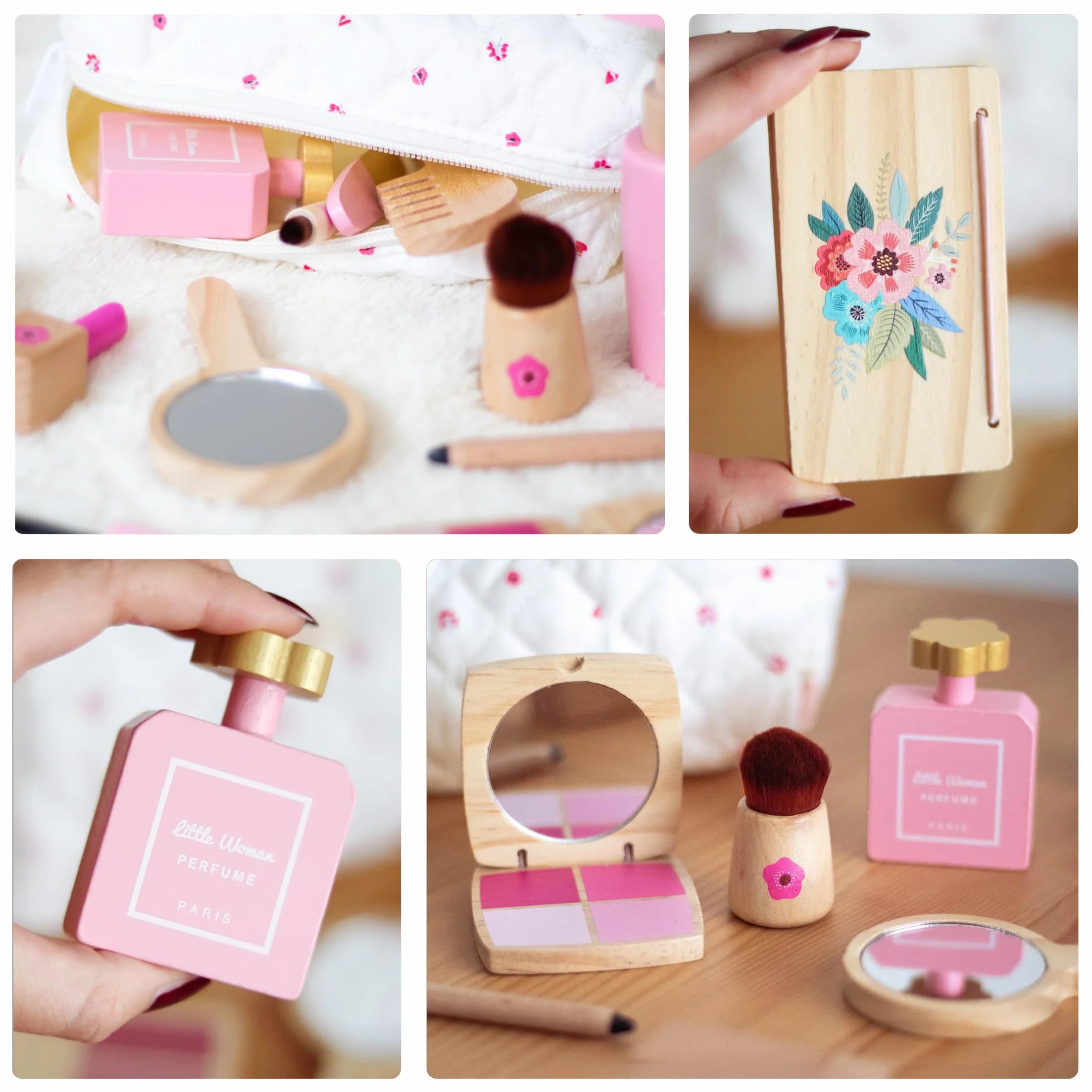 UMU® zestaw do makijażu dla dzieci z drewna – zestaw kosmetyczny i do makijażu z kosmetykami, pomadką do ust, perfumami, pudrem i torebką kosmetyczną – zabawka do makijażu dla dziewczynek od 3, 4, 5