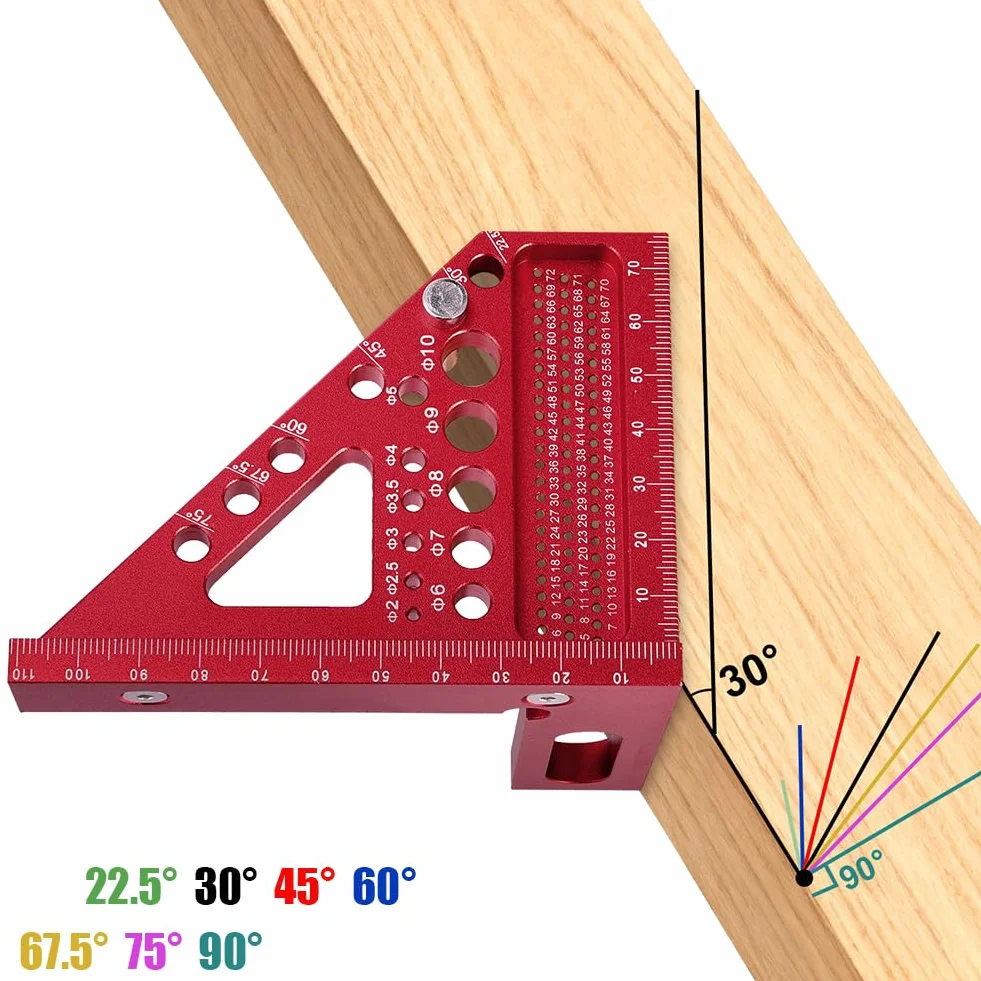 Flintronic Kwadrat stolarski 3D, linijka pomiarowa kątowa ze stopu aluminium 22,5–90 stopni, 110 mm, wysoka precyzja, kwadratowa, z długopisami do obróbki drewna, dla inżynierów, stolarzy, czerwona