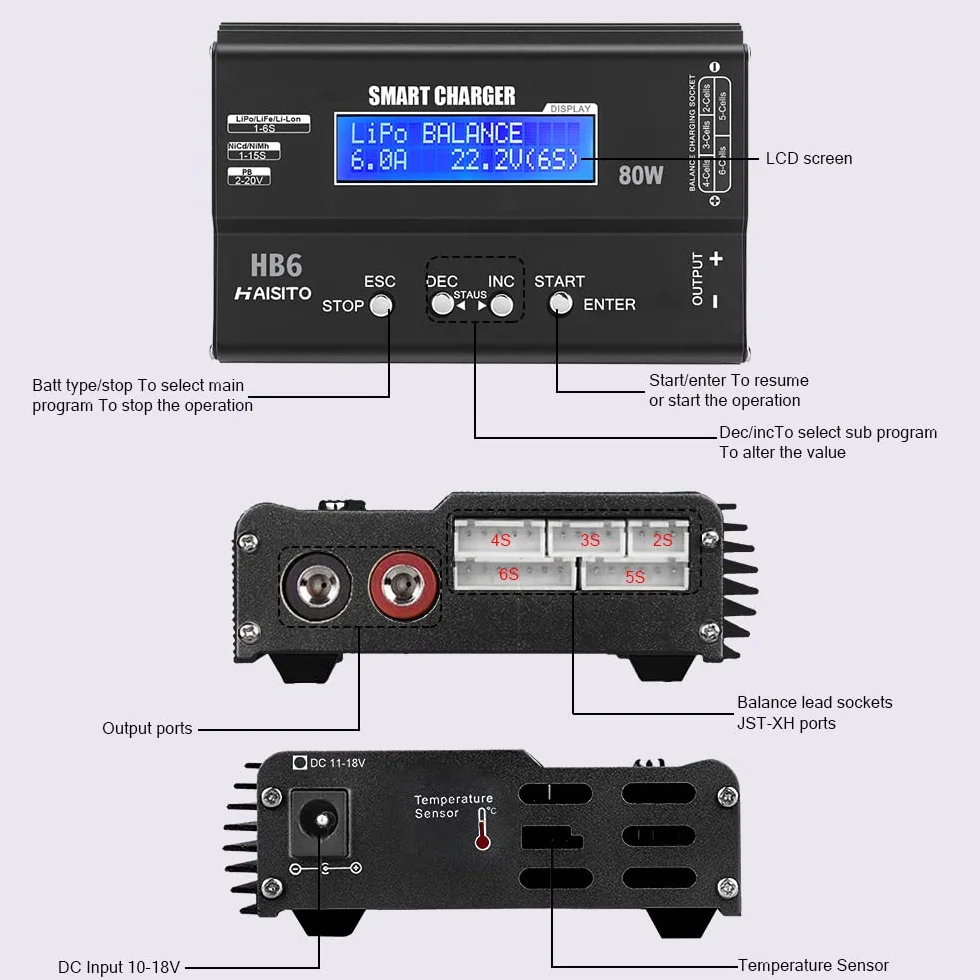 Haisito Lipo ładowarka wyważająca 80W 6A do akumulatorów LiPo/Li-ION/LiFe (1-6S) i NiMH/NiCd (1-15S), ładowarka RC z wyświetlaczem LED, zasilaczem i adapterami XT60/Deans/JST/Futaba