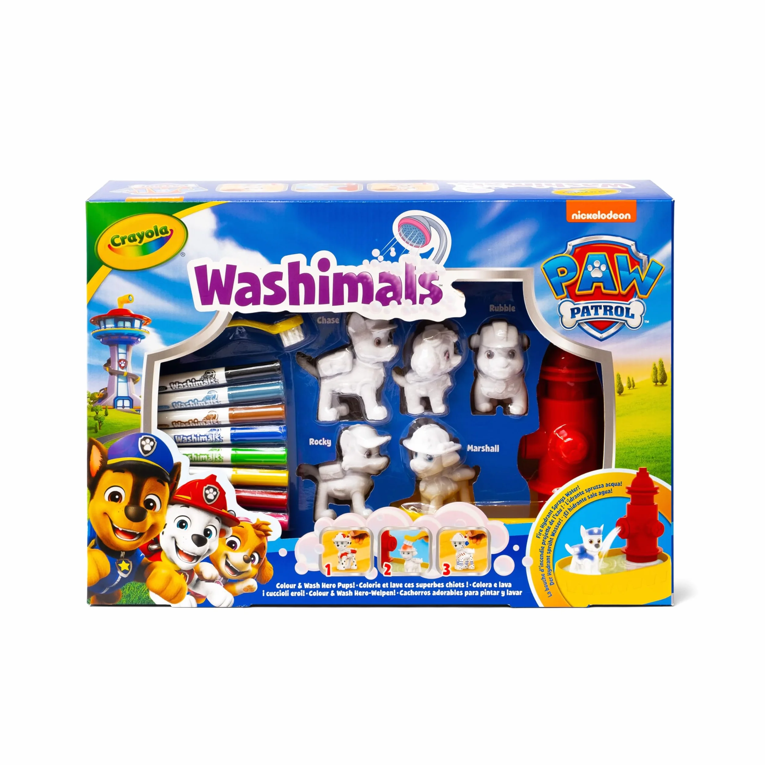 Crayola - Washimals Paw Patrol, zestaw kreatywny zawierający 5 szczeniąt, 8 flamastrów zmywalnych, wanienkę z prysznicem, szczoteczkę, zabawa i prezent dla dzieci, od lat 3, 74-0291