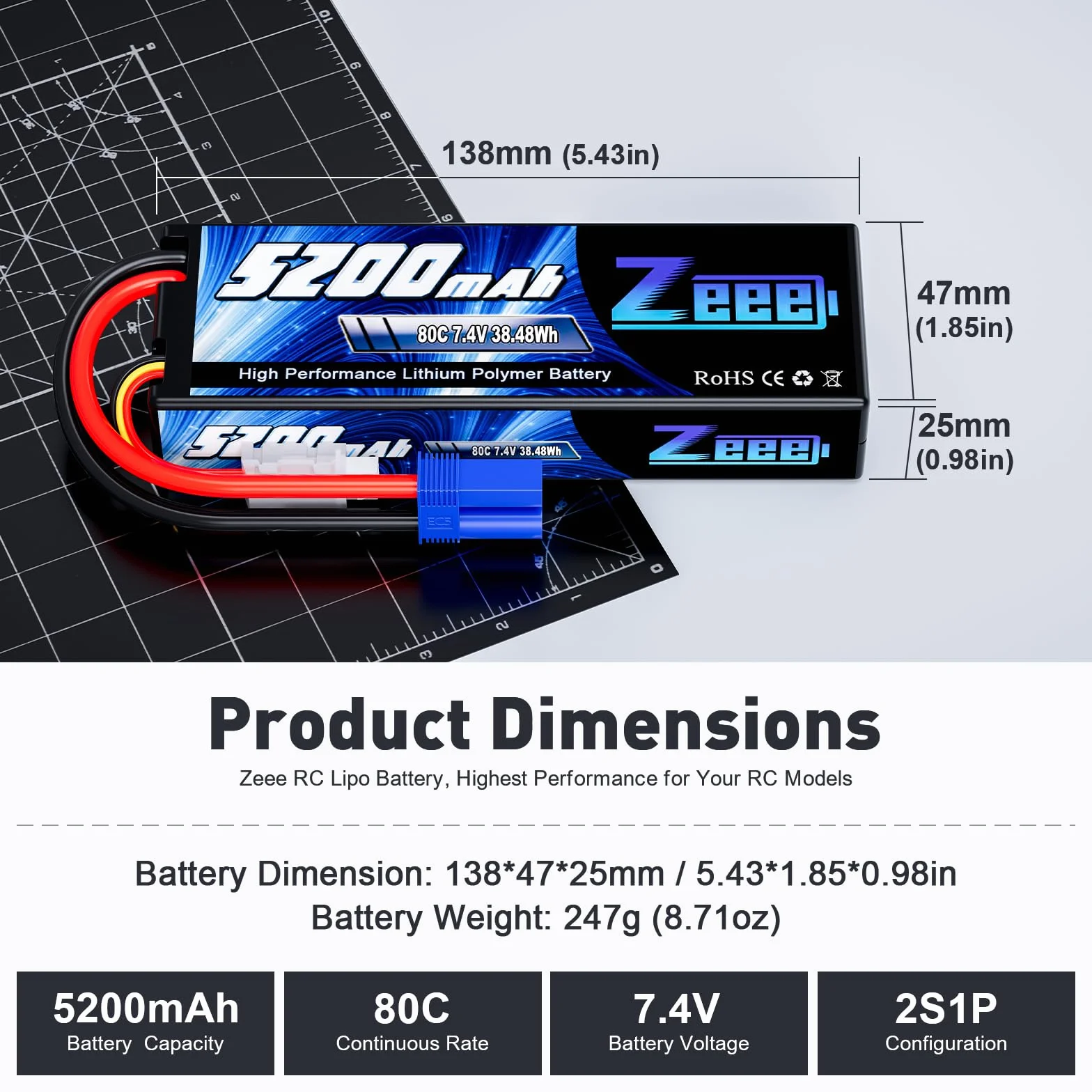 Bateria Lipo Zeee 2S 5200mAh 7.4V 80C Twarda obudowa Bateria z wtyczką EC5 do 1/8 1/10 RC Pojazdy Samochód RC Buggy Truggy RC Samolot UAV Drone FPV (2 szt.)