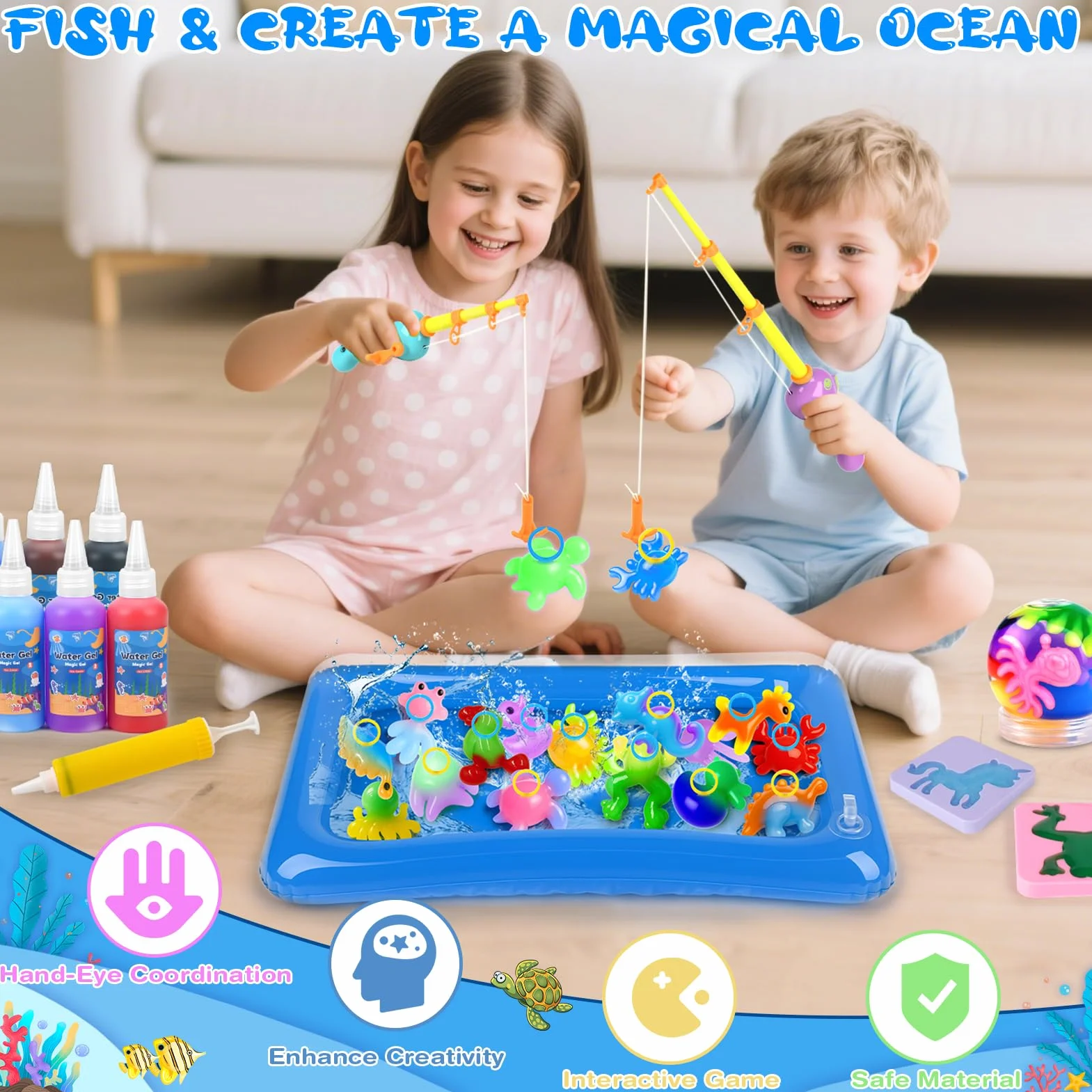 Dreamon Aqua Fairy zestaw do wędkowania, 71 szt., Magic Gel Water Kit z 14 kolorami, 2 wędkami i 20 foremkami, zestaw DIY Magic Jelly dla dzieci od 3 lat, prezent dla chłopców i dziewczynek