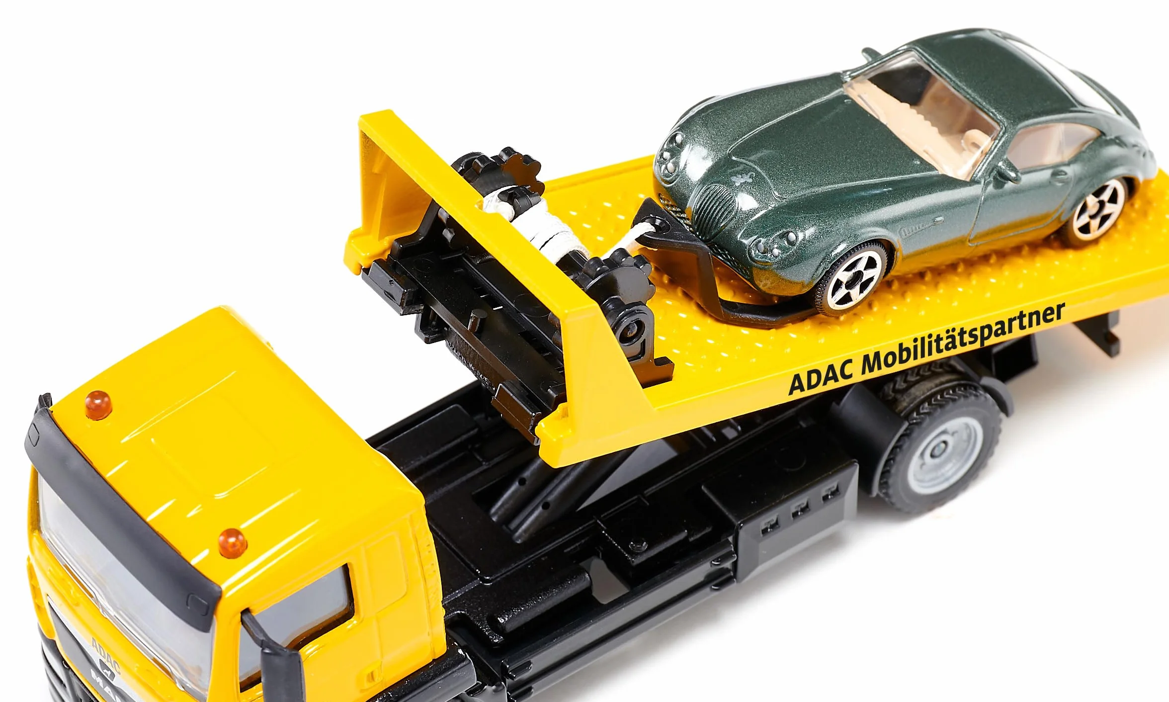 siku 2722, MAN Holownik ADAC, W komplecie zabawkowy samochód do odholowania, 1:55, Metal/Tworzywo sztuczne, Żółty, Wyciągana wciągarka, Wychylana i opuszczana platforma transportowa