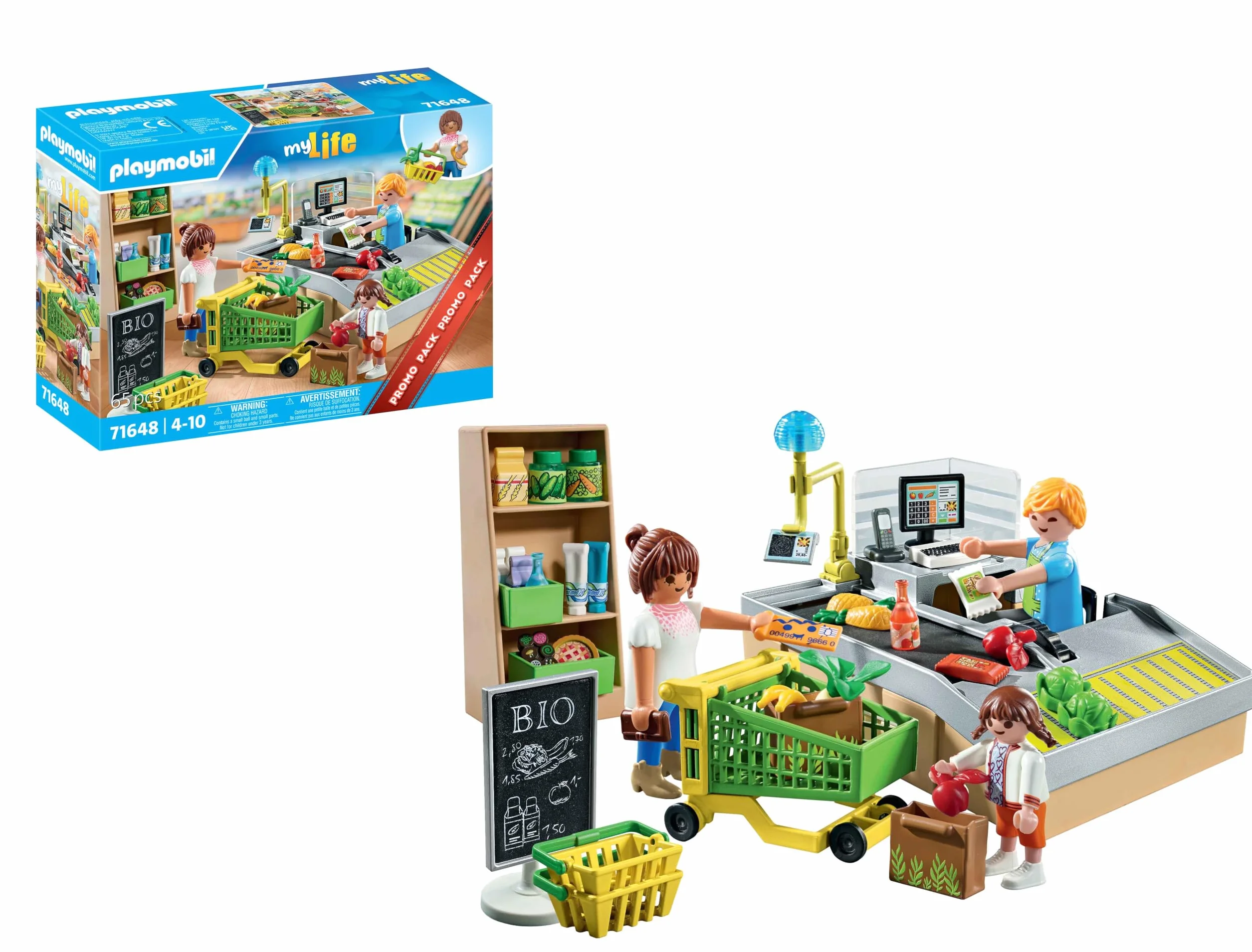 PLAYMOBIL MyLife Promo Pack 71648 Ekologiczny supermarket, zestaw z serii Promo Packs, w zestawie kasa sklepowa z taśmą, wózek na zakupy oraz trzy figurki, zestaw odpowiedni dla dzieci od 4 roku życia