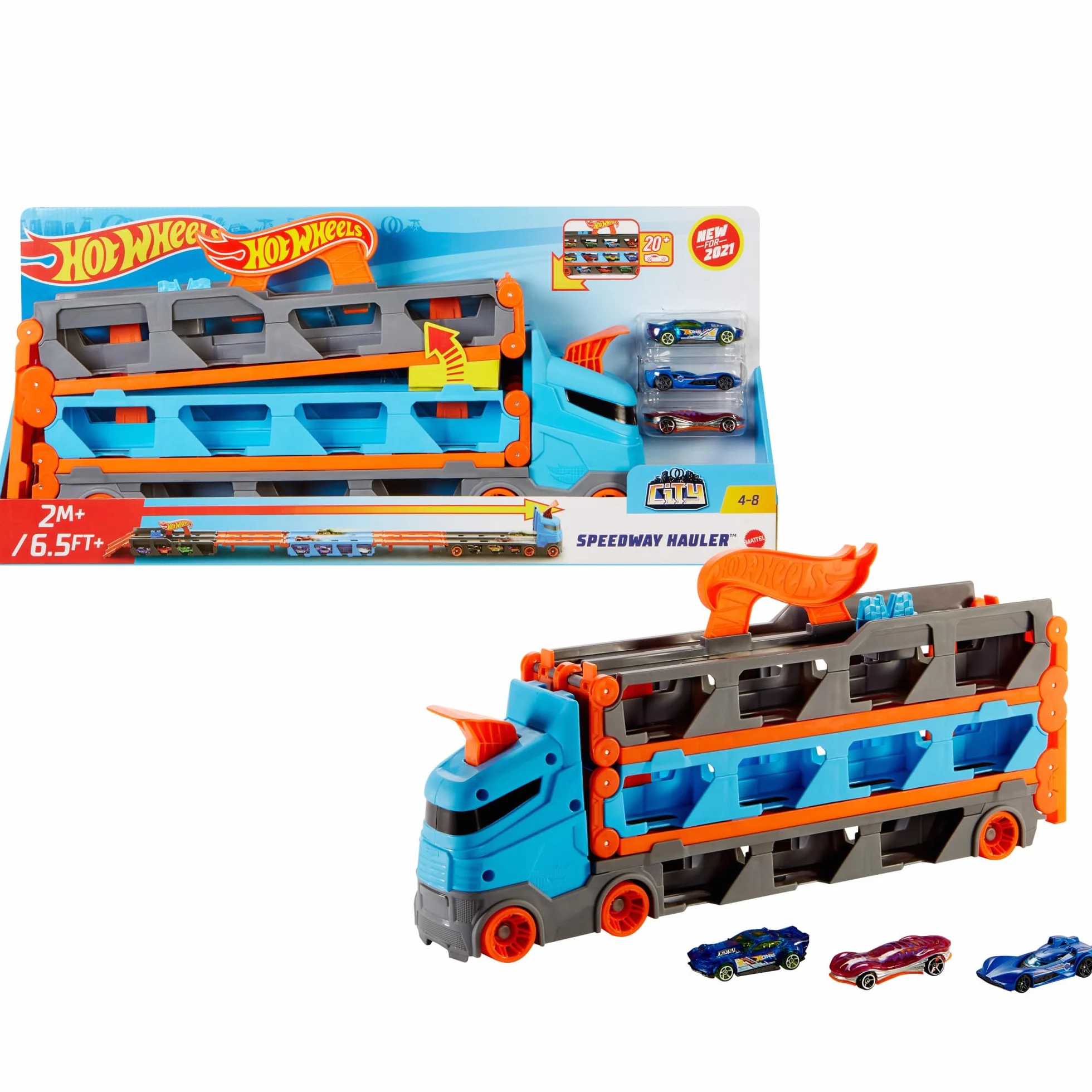 Hot Wheels - Wyścigowy transporter 2w1 z 3 samochodzikami w skali 1:64 i rozkładanym torem wyścigowym o długości 1,8 m oraz miejscem na 20 pojazdów; dla dzieci w wieku od 4 do 8 lat, HGH33