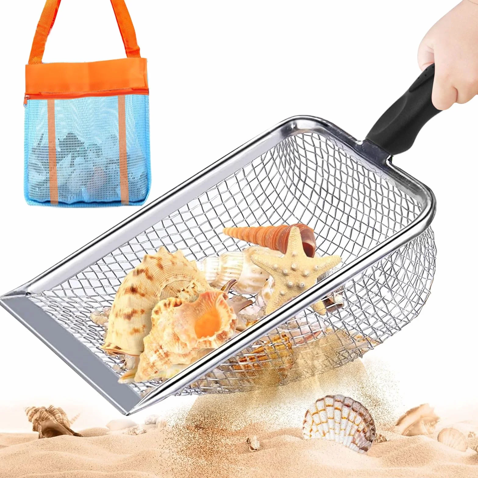 Łopata do piasku dla dzieci, z torbą plażową, torba na zabawki do piasku, torba do kolekcjonowania, metalowa szufla filtrująca, zabawka plażowa dla chłopców i dziewczynek, zbieranie muszli