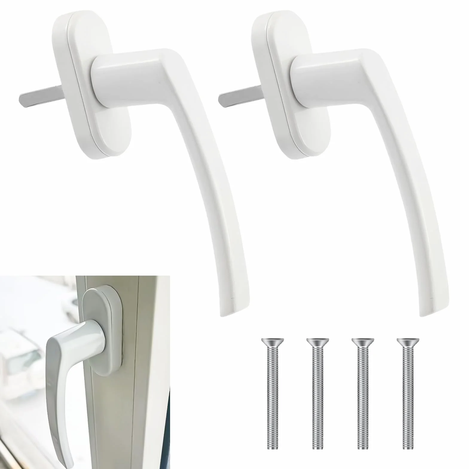 Zestaw 2 aluminiowych klamek do okien i drzwi z plastikową podstawą - idealne do użytku w pomieszczeniach, łatwa i szybka wymiana, ergonomiczna konstrukcja, instalacja bez zamka (biały)