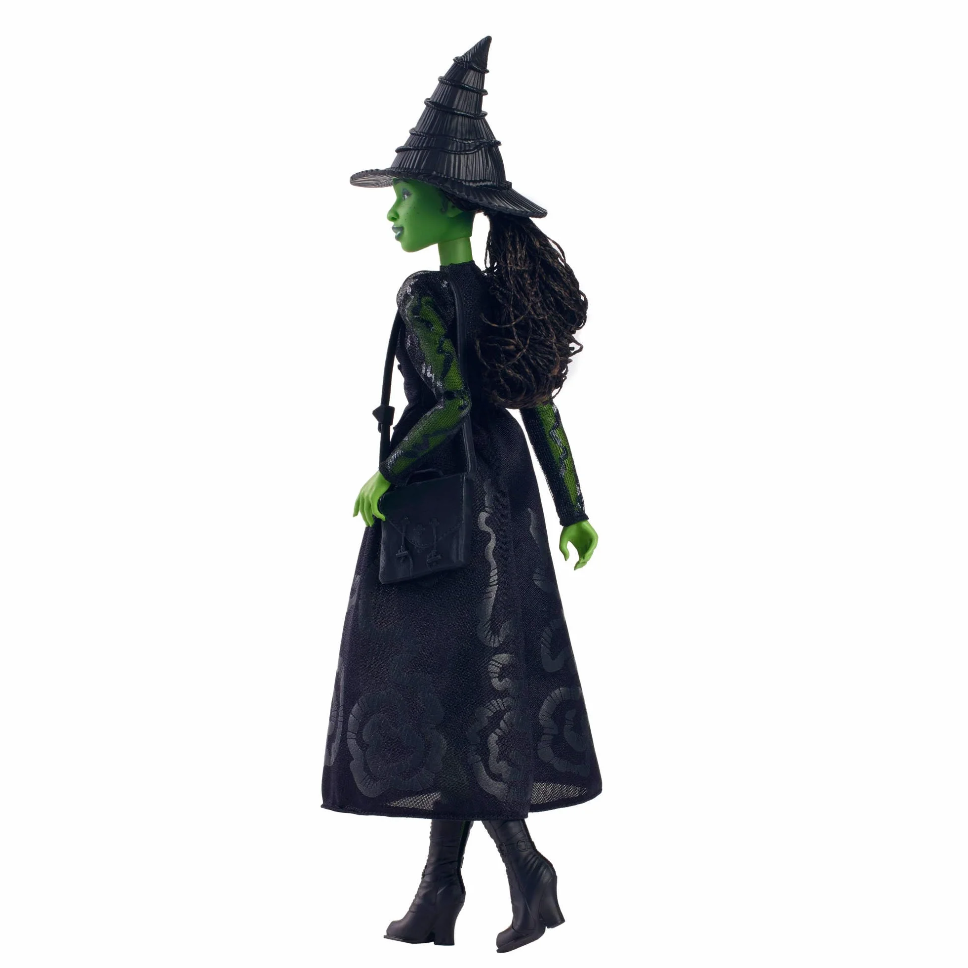 Mattel Universal Wicked Elfaba Lalka modowa do ustawiania w różnych pozach z zieloną skórą, czarnymi warkoczykami i zdejmowaną kreacją oraz akcesoria, HXT62