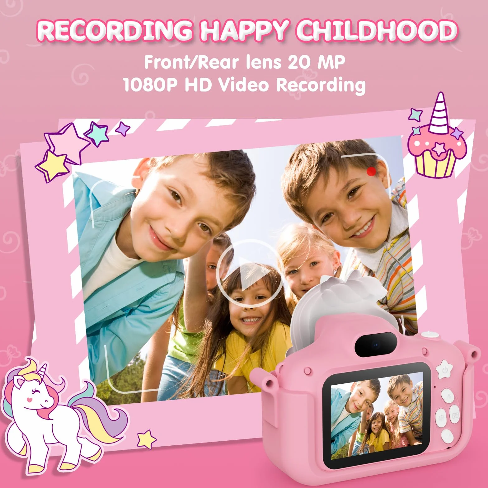 Kamera dla dzieci CAMCLID, aparat cyfrowy dla dzieci 2,0" 1080P HD dla dziewcząt i chłopców z kartą 32 GB, kamera wideo Urodziny, zabawki świąteczne Prezenty dla maluchów w wieku 3–10 lat (różowy)