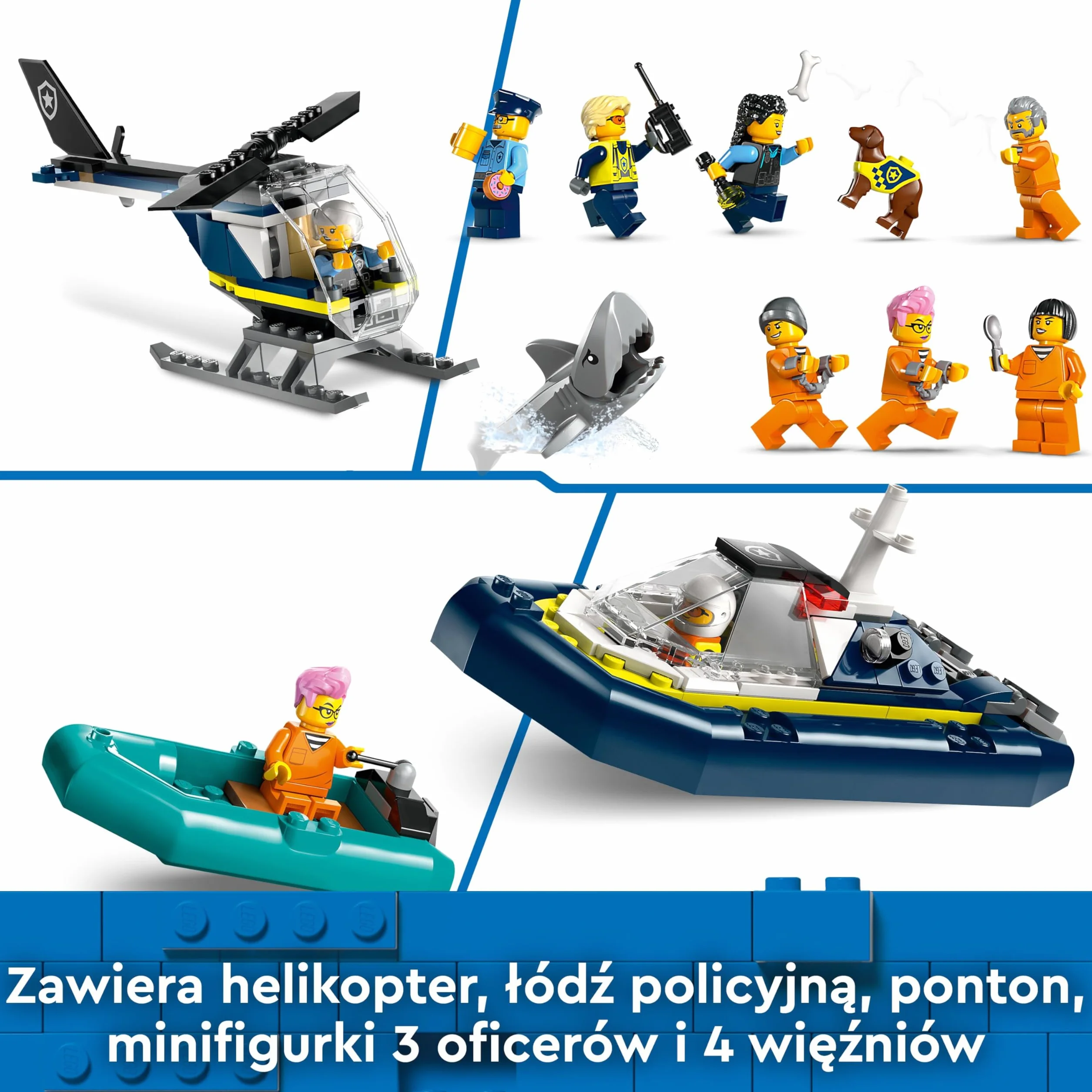 LEGO City Policja z Więziennej Wyspy 60419 dla chłopców i dziewczynek w wieku od siedmiu lat, którzy uwielbiają twórczą zabawę; helikopter, łódka i ponton, siedem minifigurek oraz figurki psa i rekina