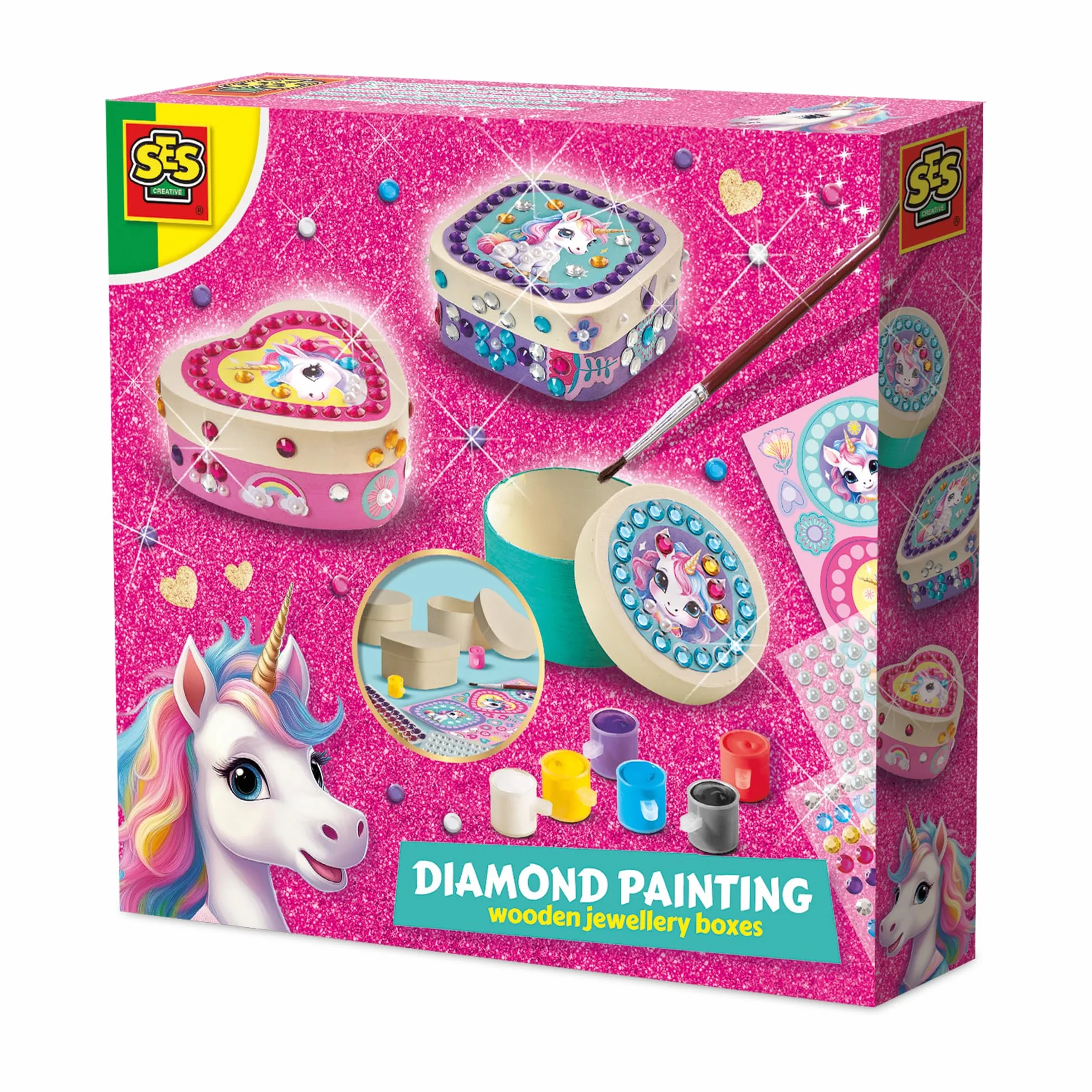 SES Creative 14138 Jednorożec - Drewniane pudełka na biżuterię z malarstwem diamentowym - kreatywny zestaw do majsterkowania dla dzieci w wieku 5+ - Udekoruj 3 drewniane pudełka
