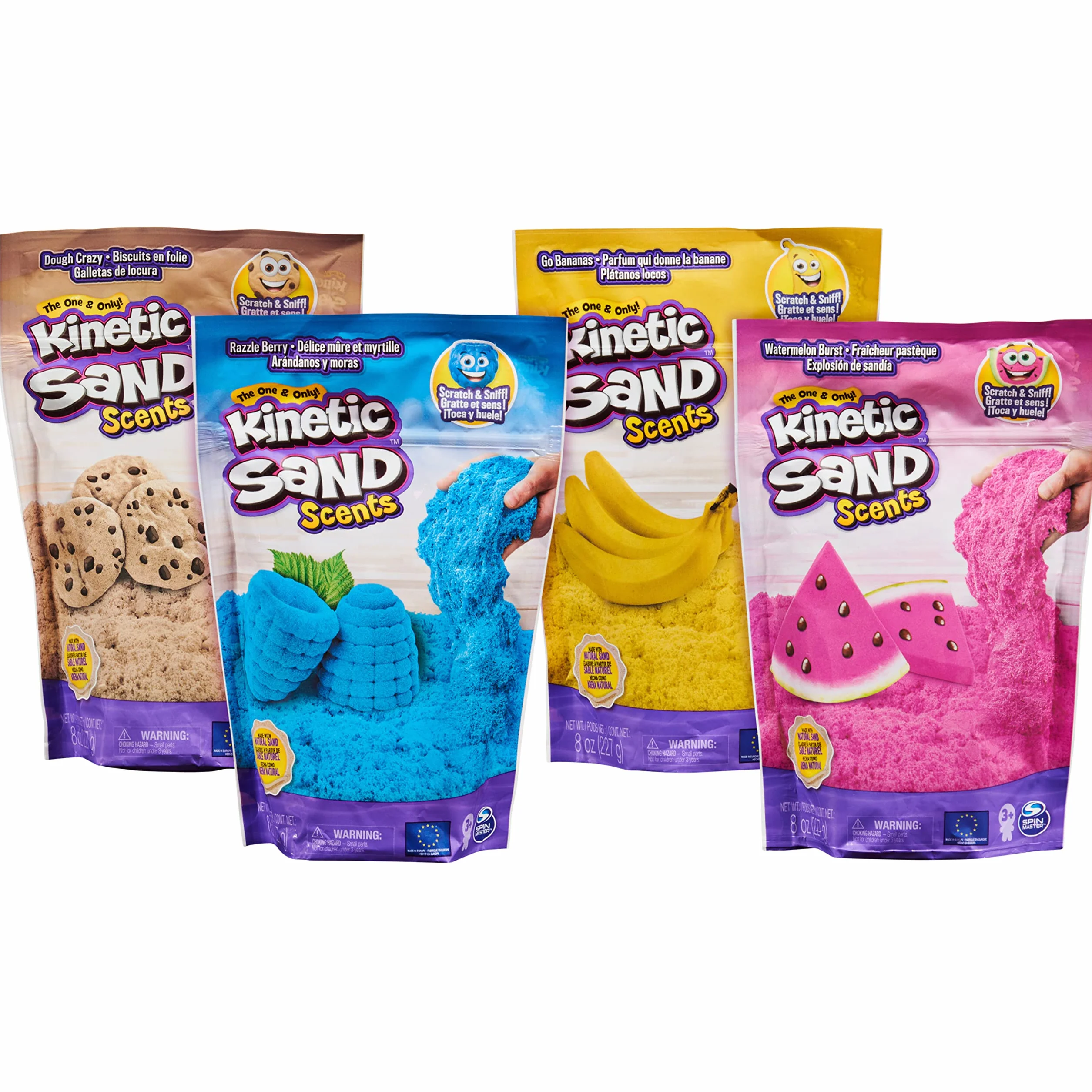 Kinetic Sand 6060010 - Smakowite Zapachy, Piasek Kinetyczny O Zapachu Ciasteczkowym, Bananowym, Arbuzowym I Jagodowym, 4-Pak