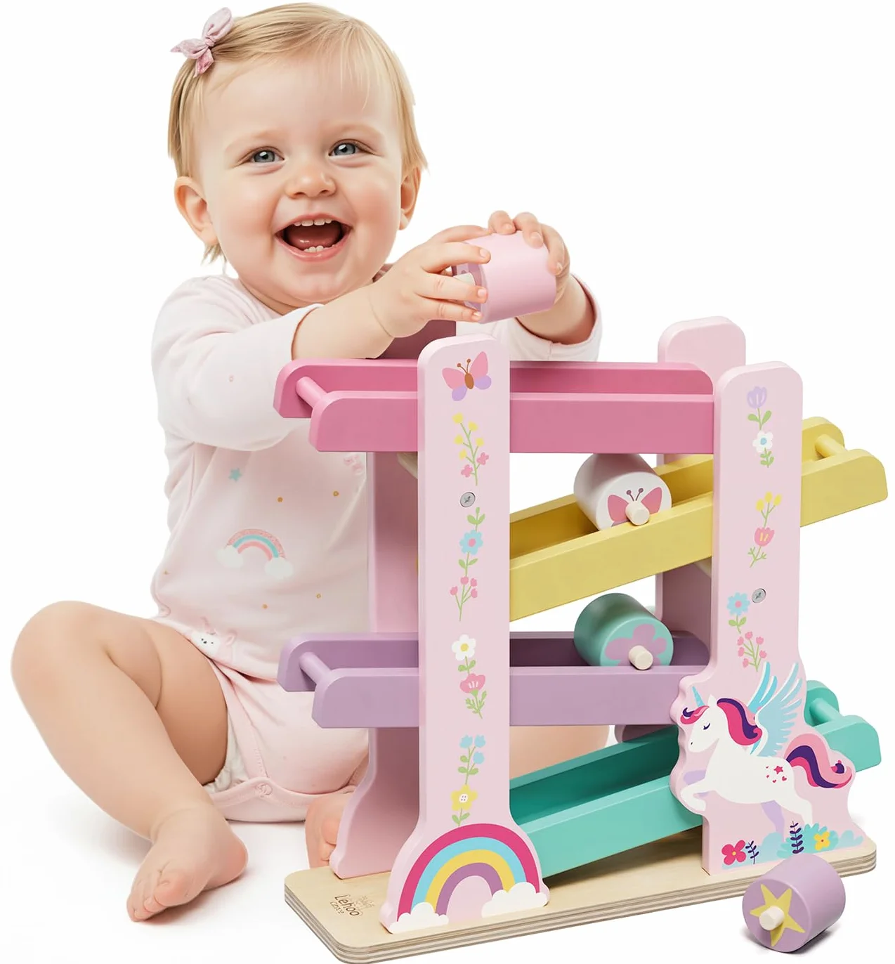 Lehoo Castle, Montessori zabawka dla 1‑latków, drewniana rampa samochodowa Jednorożec, 4 autka, zabawki edukacyjne dla chłopców i dziewczynek 1‑2 lata