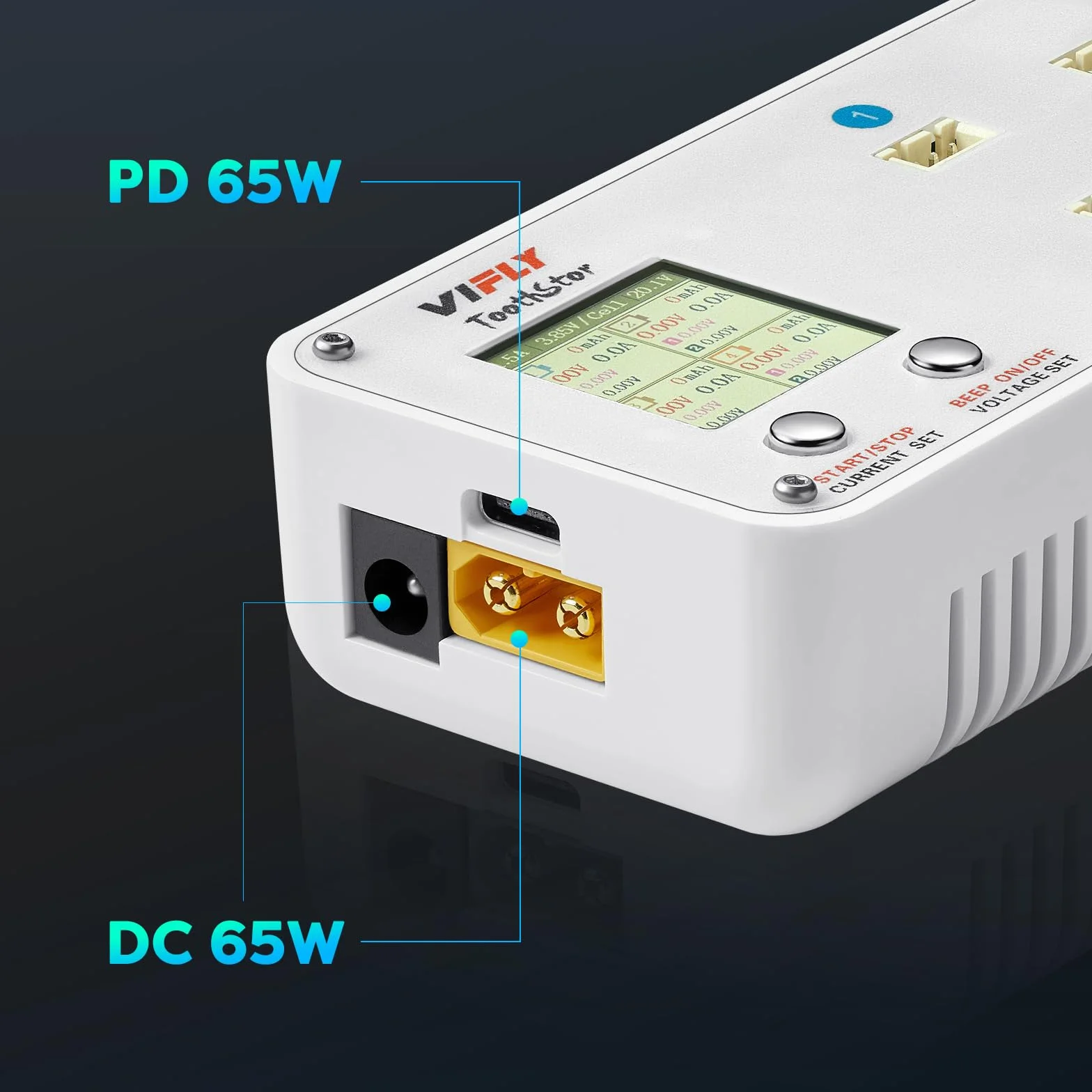 VIFLY ToothStor 4-portowa ładowarka 2S LiPo Balance z trybem przechowywania