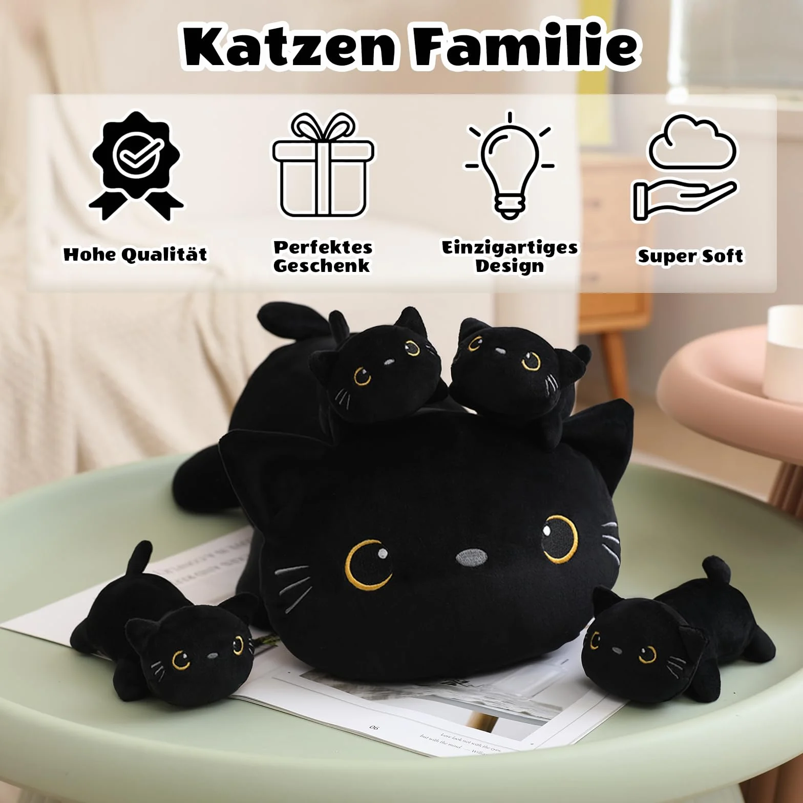 SQEQE Black Cat Plushies wypchane zwierzęta z 4 niemowlętami, śliczny czarny kot, pluszowa poduszka, miękka zabawka, prezent urodzinowy dla dziewcząt, chłopców