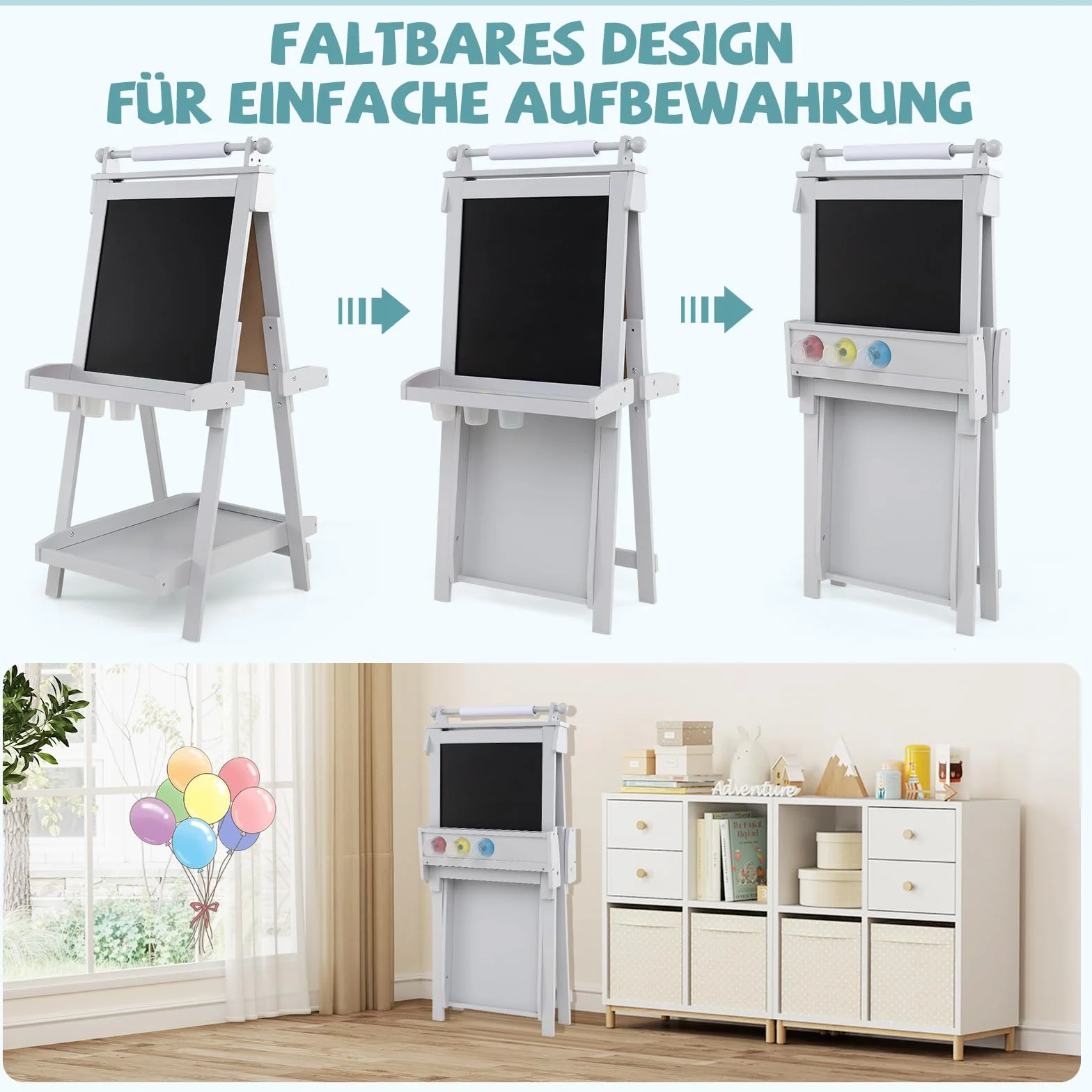 COSTWAY Tablica dla dzieci, składana sztaluga z regulacją wysokości z białą tablicą i tablicą magnetyczną, dwustronna tablica dziecięca z rolką papierową i 3 miseczkami do malowania, składana tablica