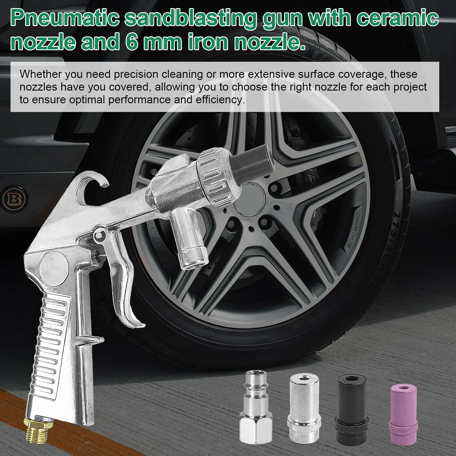 Pistolet do piaskowania 6-częściowy zestaw sprężonego powietrza, dysza ceramiczna, dysza żelazna, piaskarka, aluminium, wąż gumowy, rura ssąca, urządzenie do piaskowania z wężem gumowym (1 m), do
