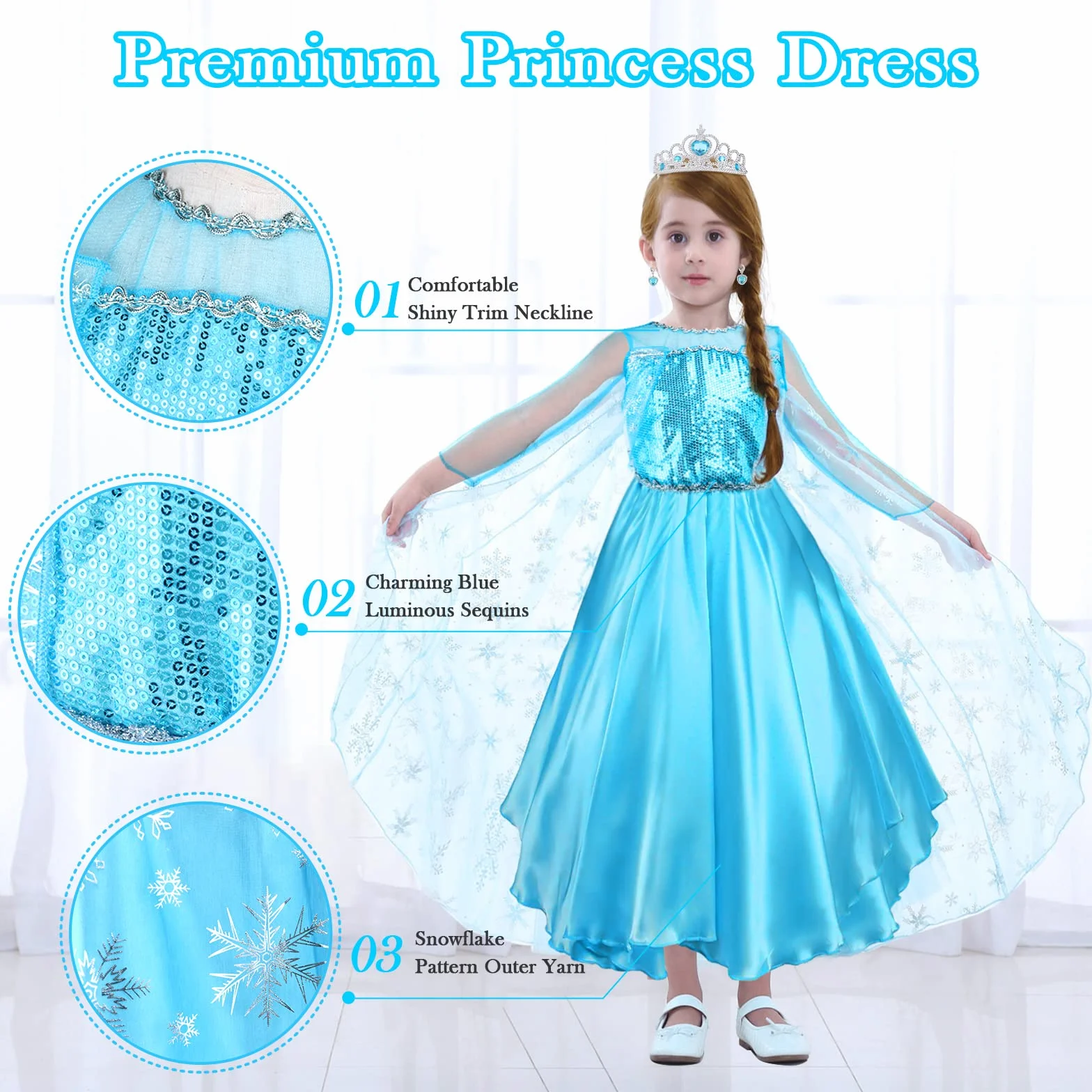 URAQT Kostium Elsa, Kostium Księżniczka Dziewczyna z akcesoriami do Cosplay, Księżniczka Elsa z błyszczącym płaszczem płatków śniegu, Kostium Dziewczyna na Halloween Cosplay Urodziny Karnawał, 120cm