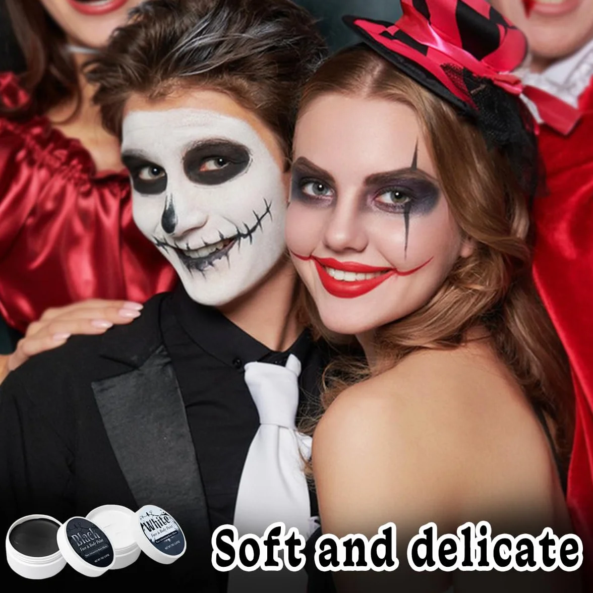 Makijaż na Halloween, 140 g, czarno-biały (70 g na sztukę), z 2 pędzlami + 2 pudrem pudru, farba do twarzy na Halloween, do makijażu teatralnego, szkieletu, zombie, wampira, makijażu karnawałowego