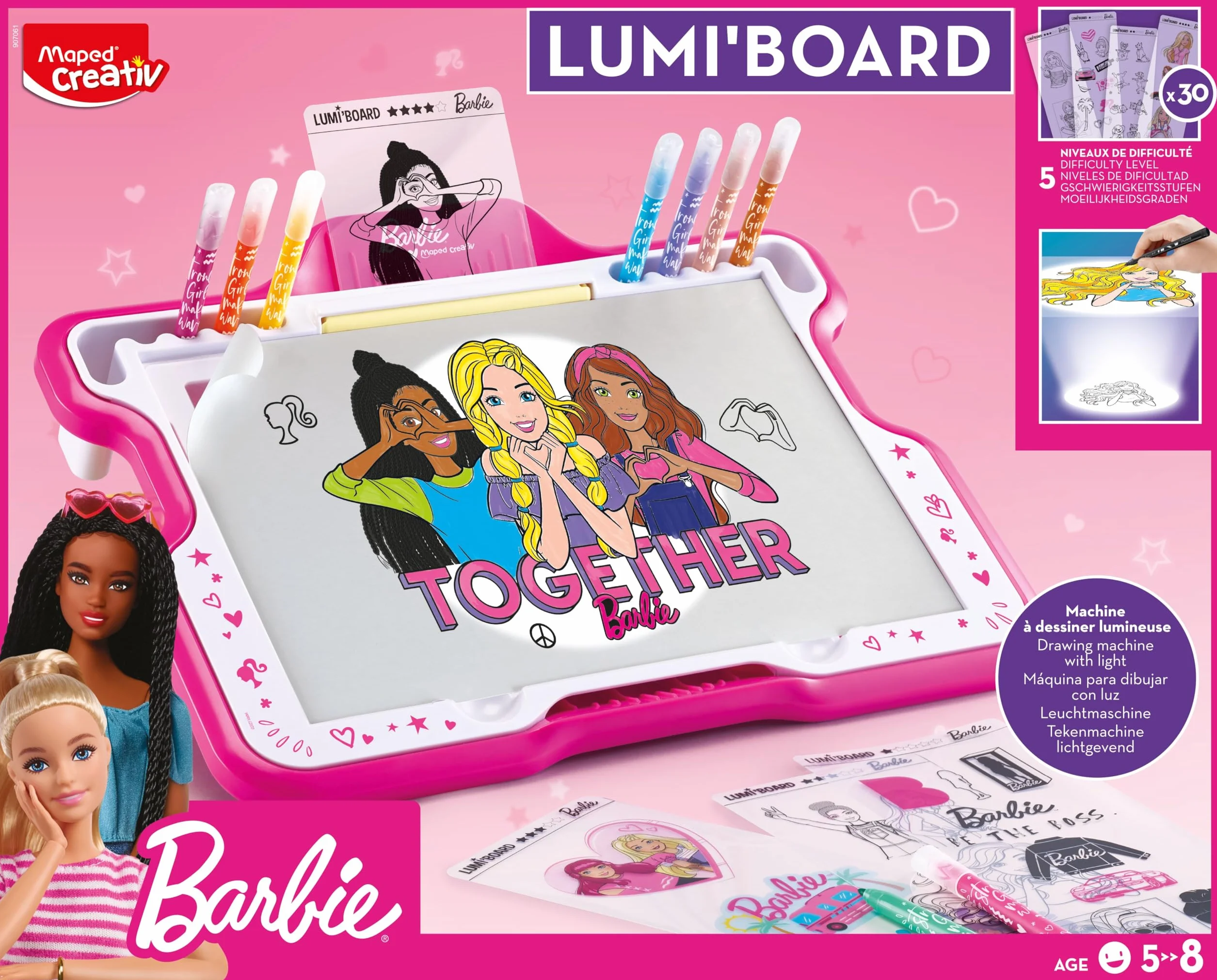 Maped Creativ - Barbie Lumi Board - Stół do rysowania ze światłem - Kolekcja Creativ - 30 szablonów Barbie - Zawiera osłonę słoneczną i markery - od 5 lat