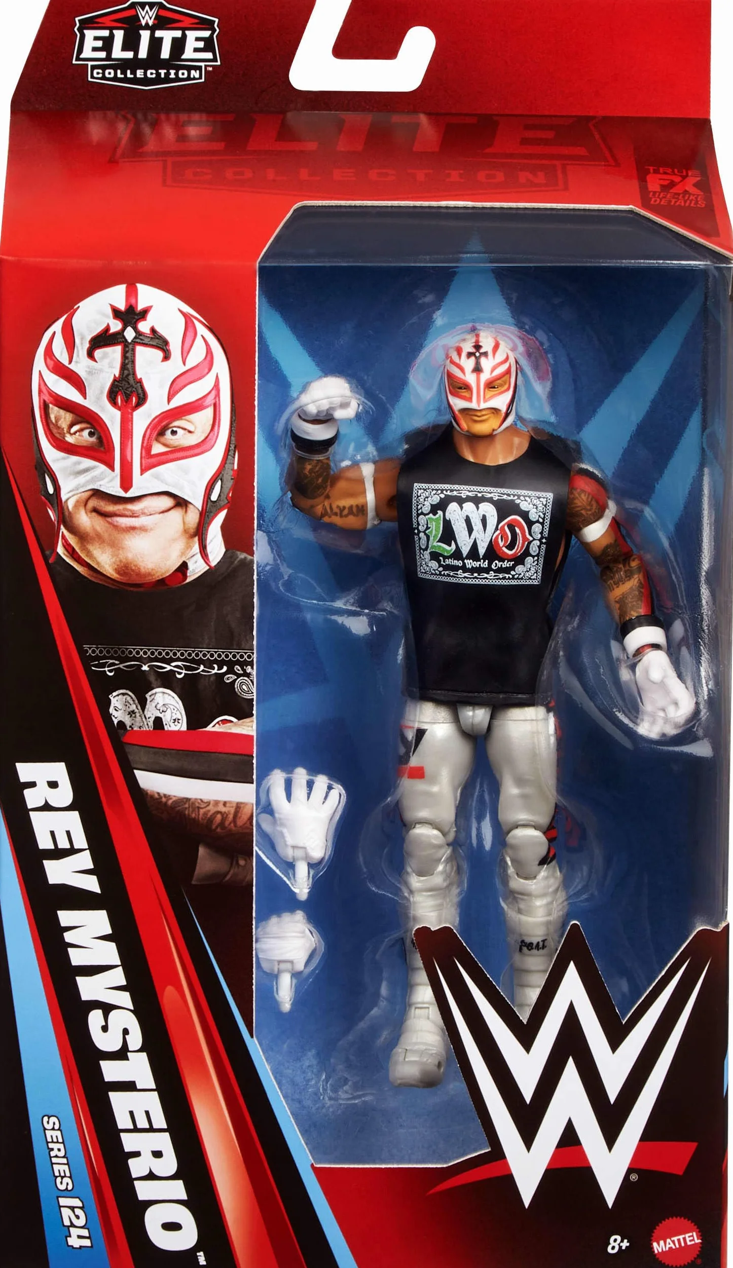 Mattel WWE Elite Collection Rey Mysterio Figurka i akcesoria Zestaw, Seria #125, figurka (ok. 15 cm w skali) do kolekcjonowania, 25 punktów ruchu i wymienne dłonie, zabawka dla dzieci 8+, JHT67