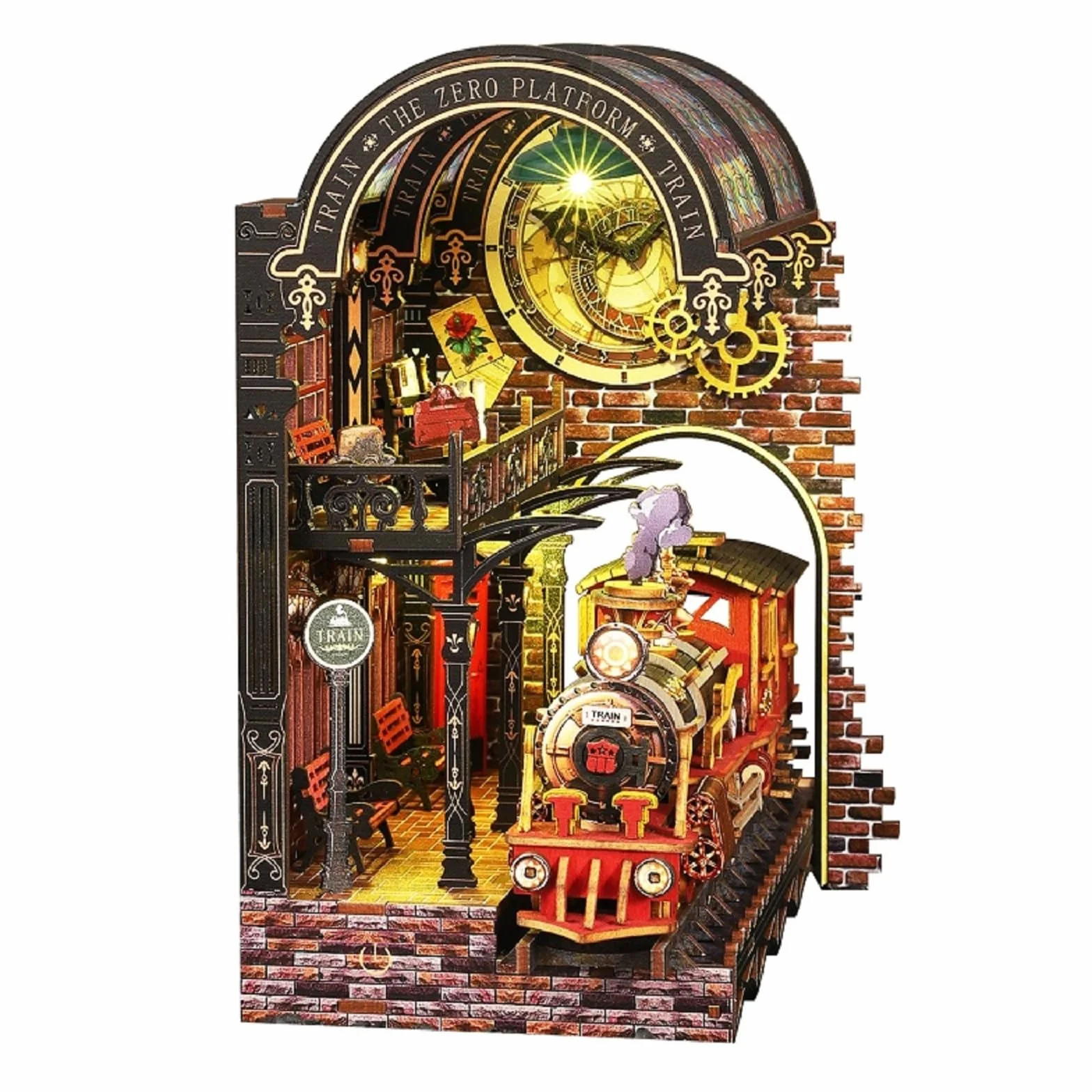 Drewniany zestaw kącika książek 3D puzzle podpórka na książki z LED miniaturowy domek steampunk