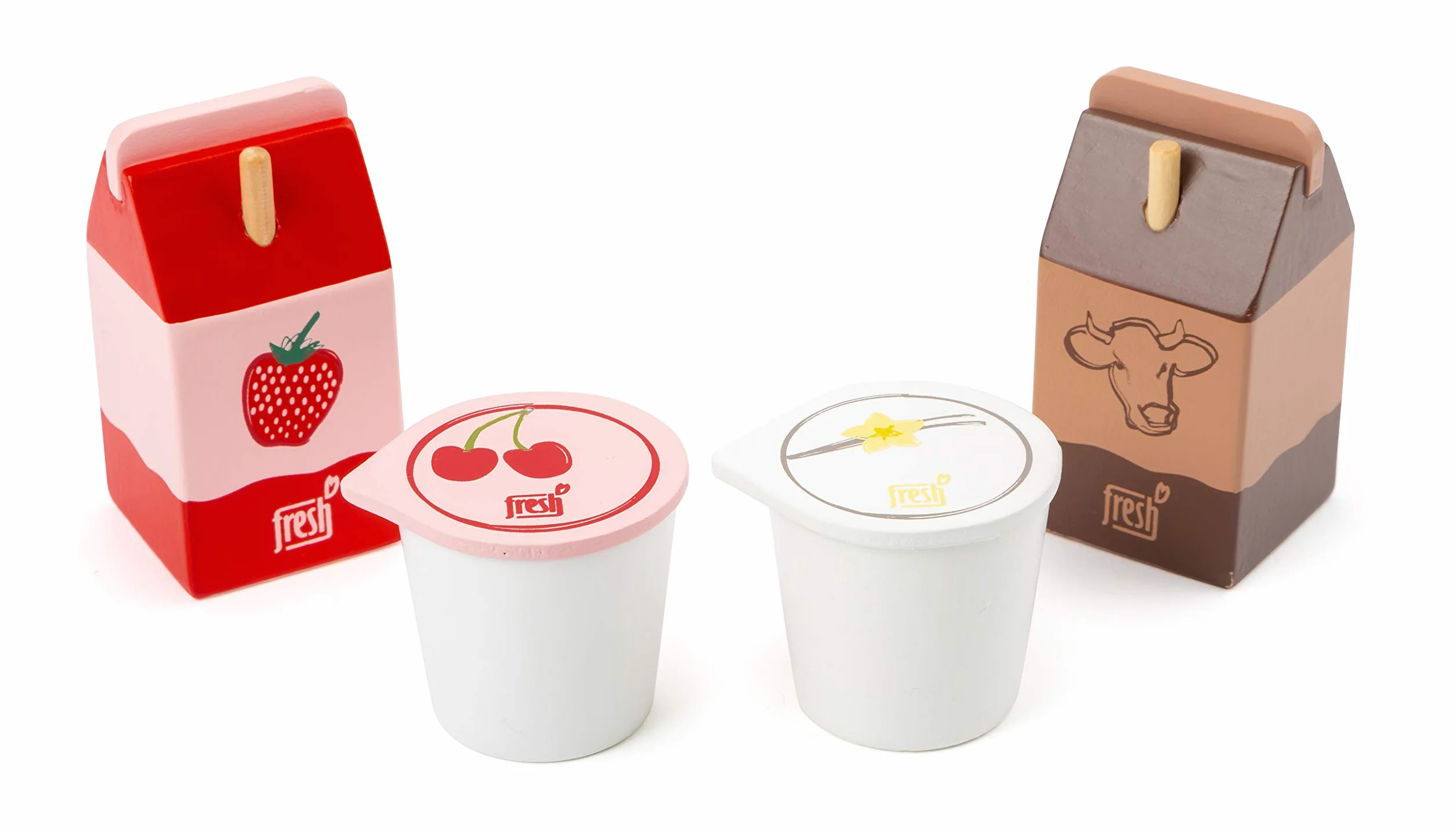 Small Foot Zestaw produktów mlecznych Fresh z drewna, sklep i akcesoria kuchenne dla dzieci, 4-częściowy, od 3 lat, 11440, wielokolorowy