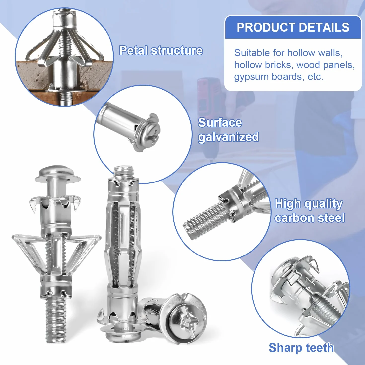 30 sztuk kołków rozporowych ze stali węglowej Typ Petal śruby ocynkowane zestaw kołków rozporowych M6 x 52 mm kołki rozporowe bardzo mocne kołki ścienne metalowe do ścian, ścian i płyt drewnianych,