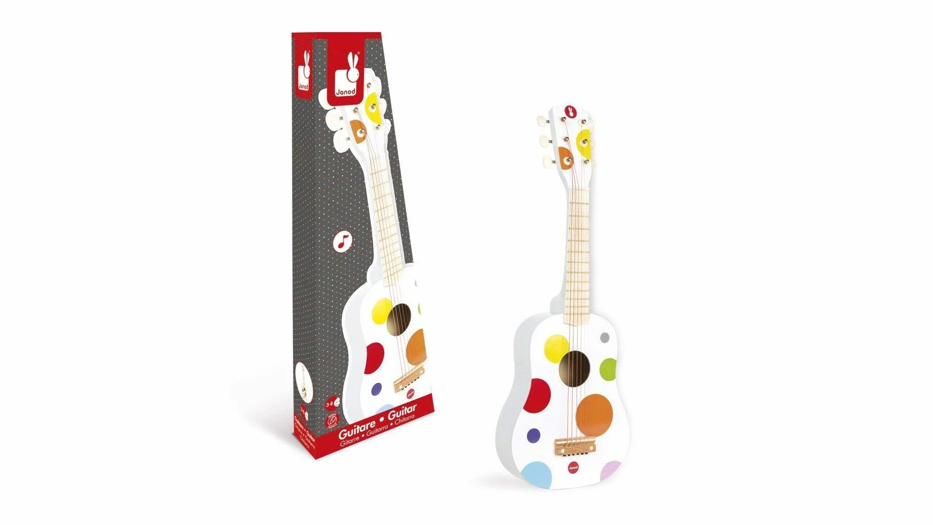 Janod - Confetti Wooden Guitar - Pretend Play and Musical Awakening Toy - Red - from 3 Years Old, J07598