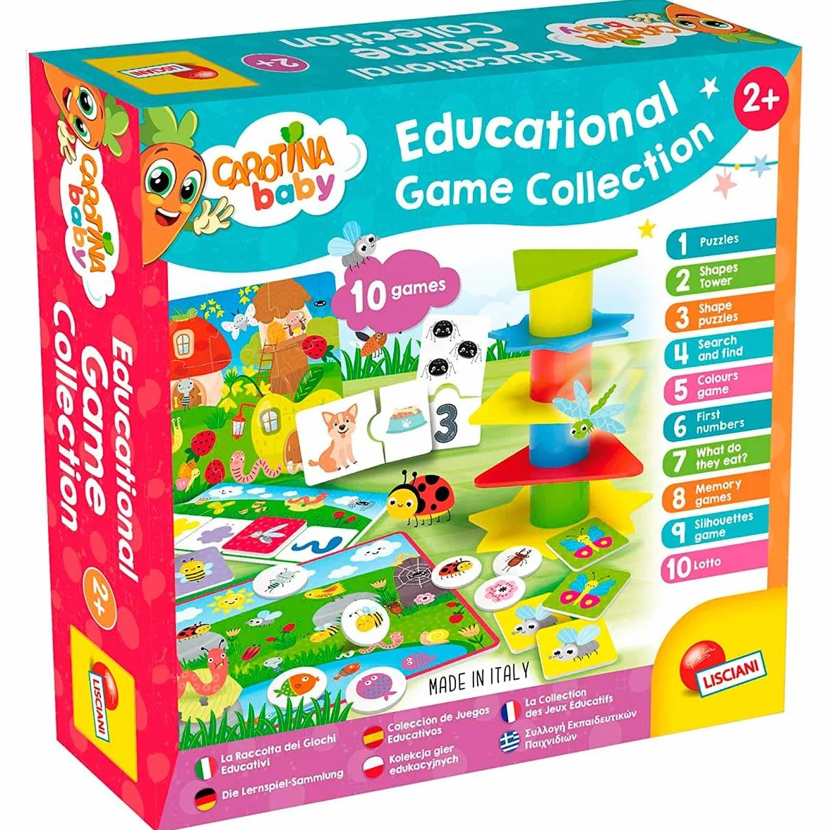 Lisciani - Carotina Baby Colección de 10 juegos educativos para niños a partir de 2 años - Colores, números, formas, memoria, Lógica y mucho más (80243)