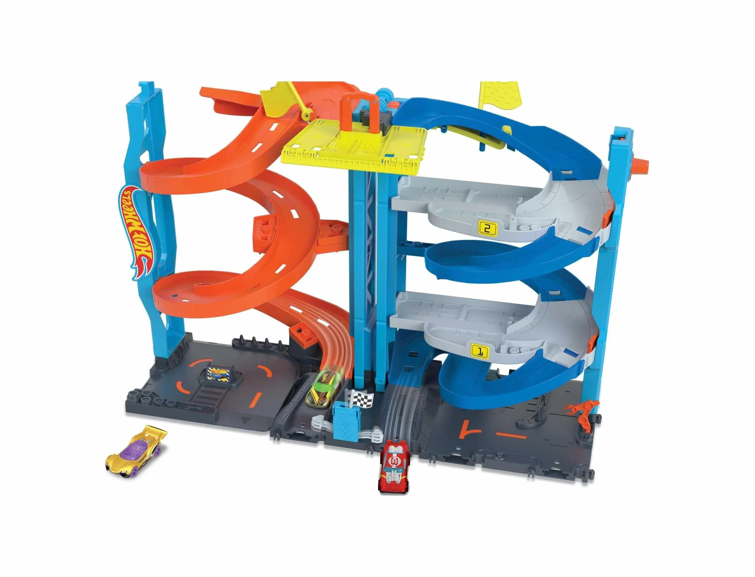 Hot Wheels City Wyścigowa wieża z transformacją Zestaw 2 w 1 z windą przekształcający się z pojedynczego wysokiego toru w podwójny HKX43