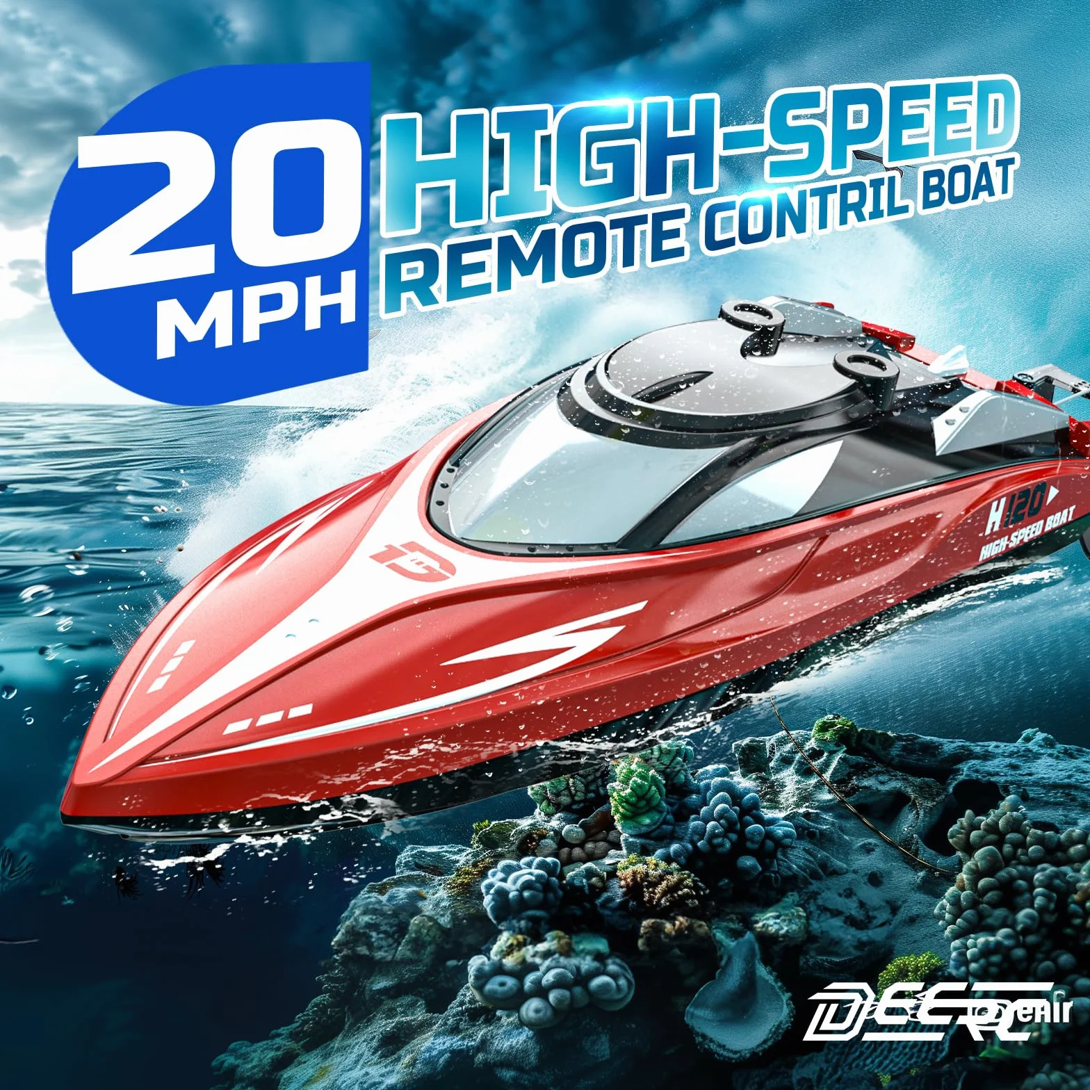 DEERC Szybka łódź RC H120 do basenów i jezior, 2,4 GHz 20+ MPH łódź wyścigowa dla dzieci i dorosłych z akumulatorem, alarm niskiego poziomu baterii, regeneracja wywrotka, prezenty dla chłopców i