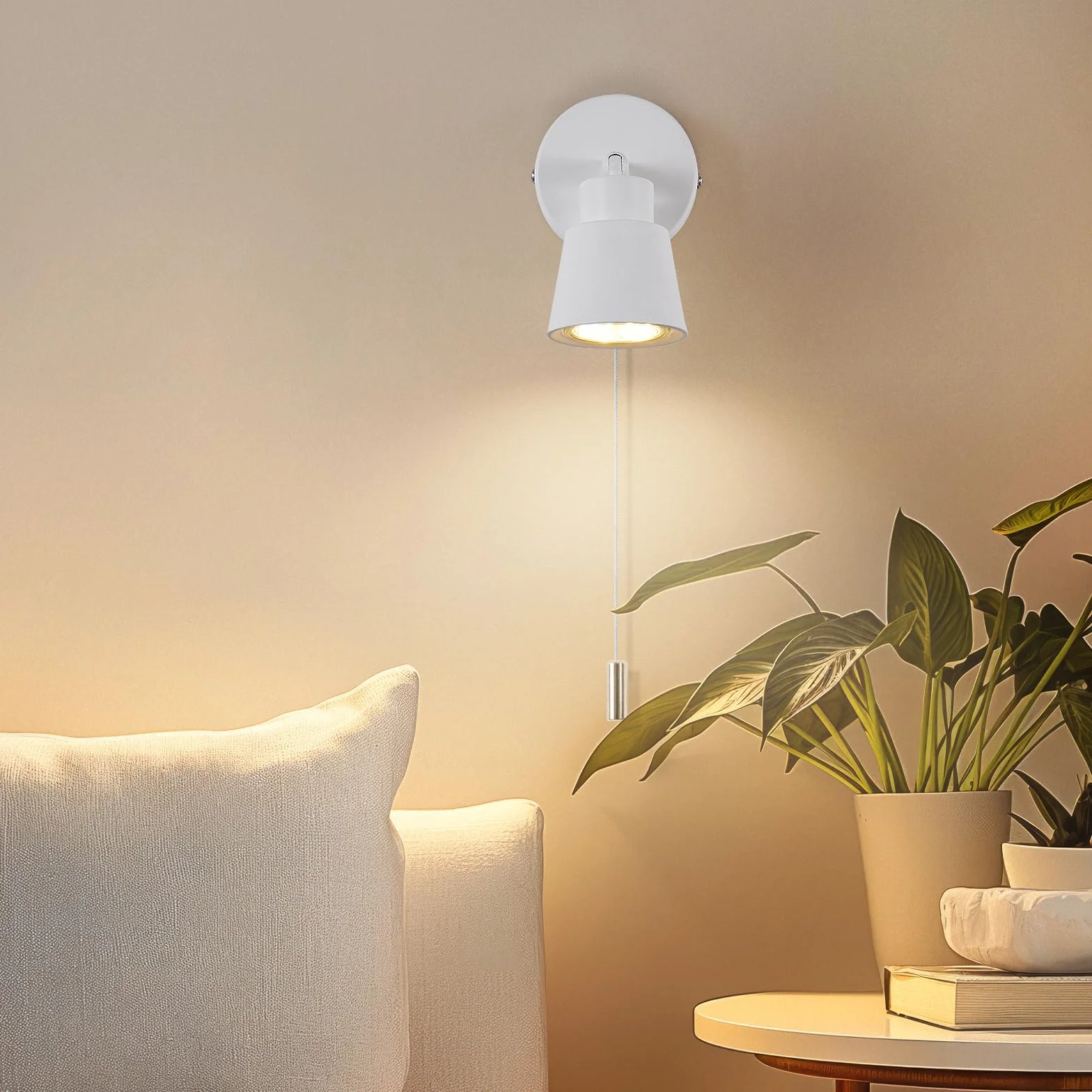 Biała lampa ścienna z przełącznikiem ciągowym GU10 – nowoczesna lampa do wnętrz, obracana o 350° – 50 W, przełącznik do sypialni, salonu, kuchni