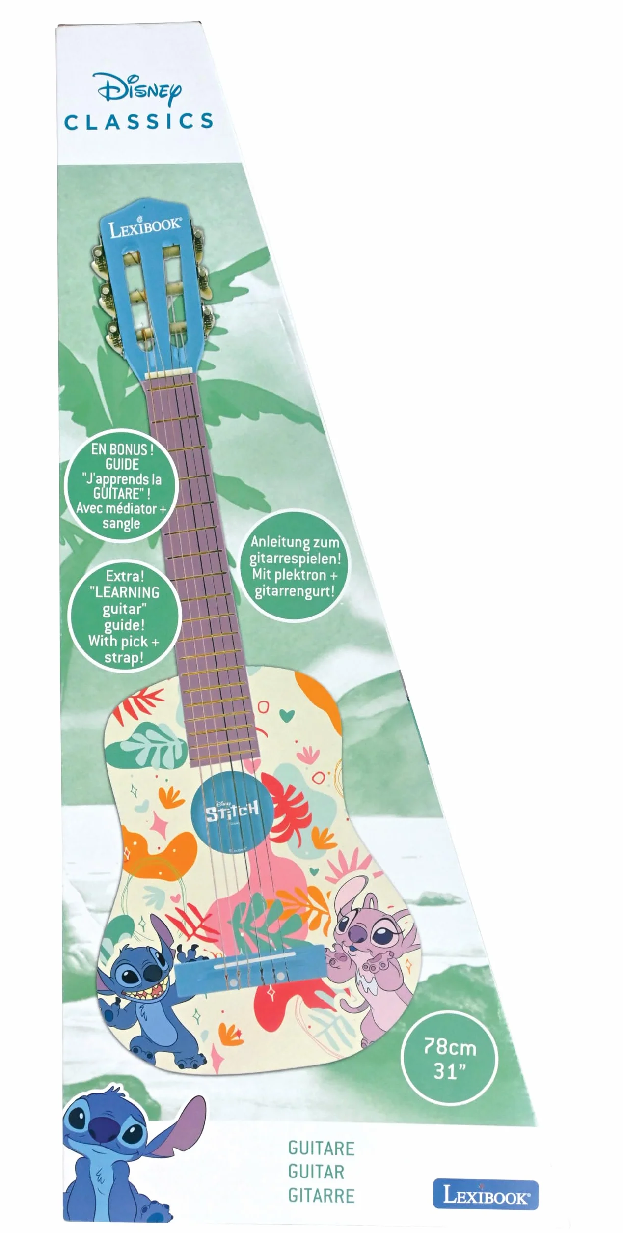 Lexibook, Disney Stitch, Moja Akustyczna Gitara Drewniana, 6 Strun Nylonowych, 78 cm (30"), Przewodnik do Nauki, Kostka i Pasek w Zestawie, Niebieski, K2000D